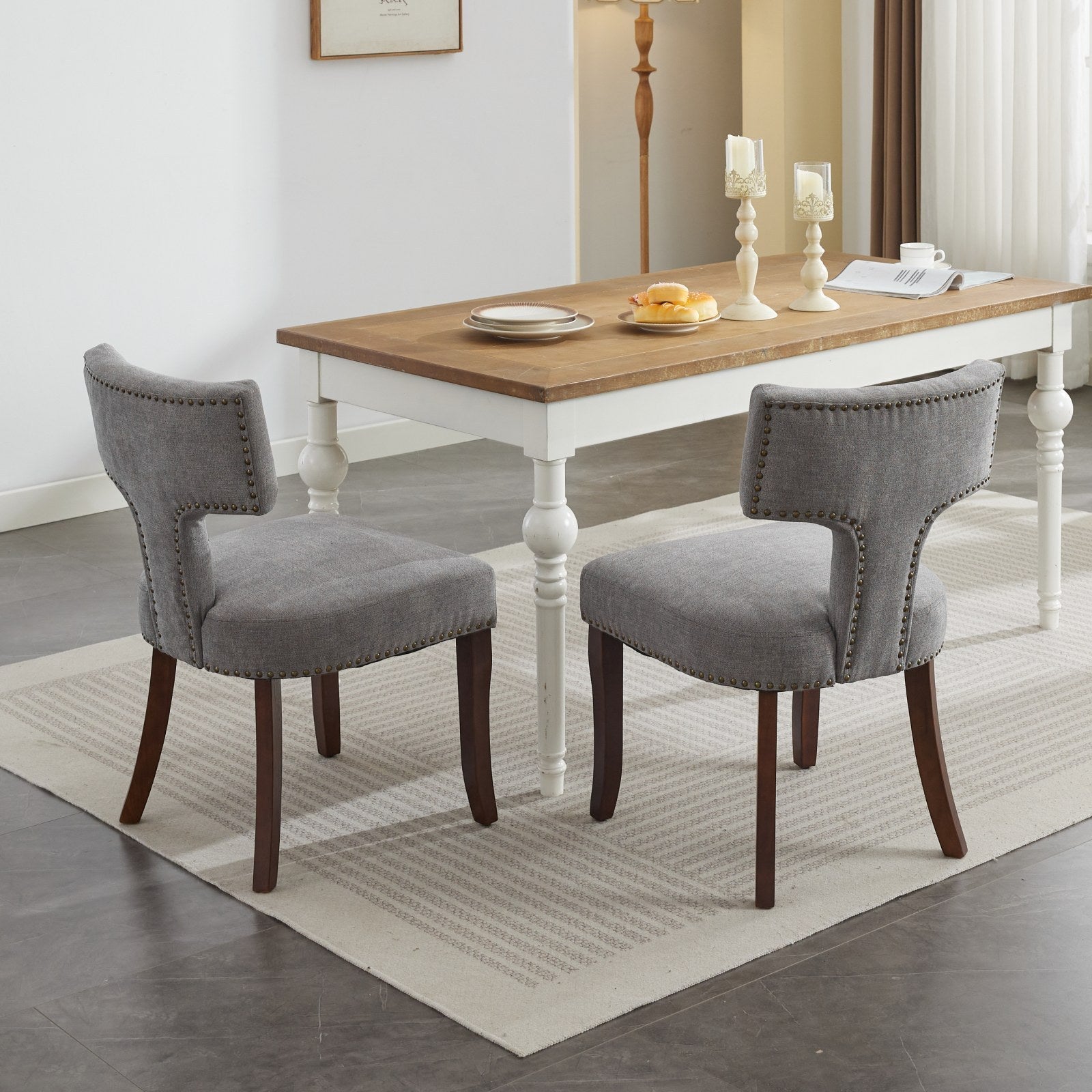 Mid Century Modern T-Back Dining Chairs with Nailhead Trim, Set of 2