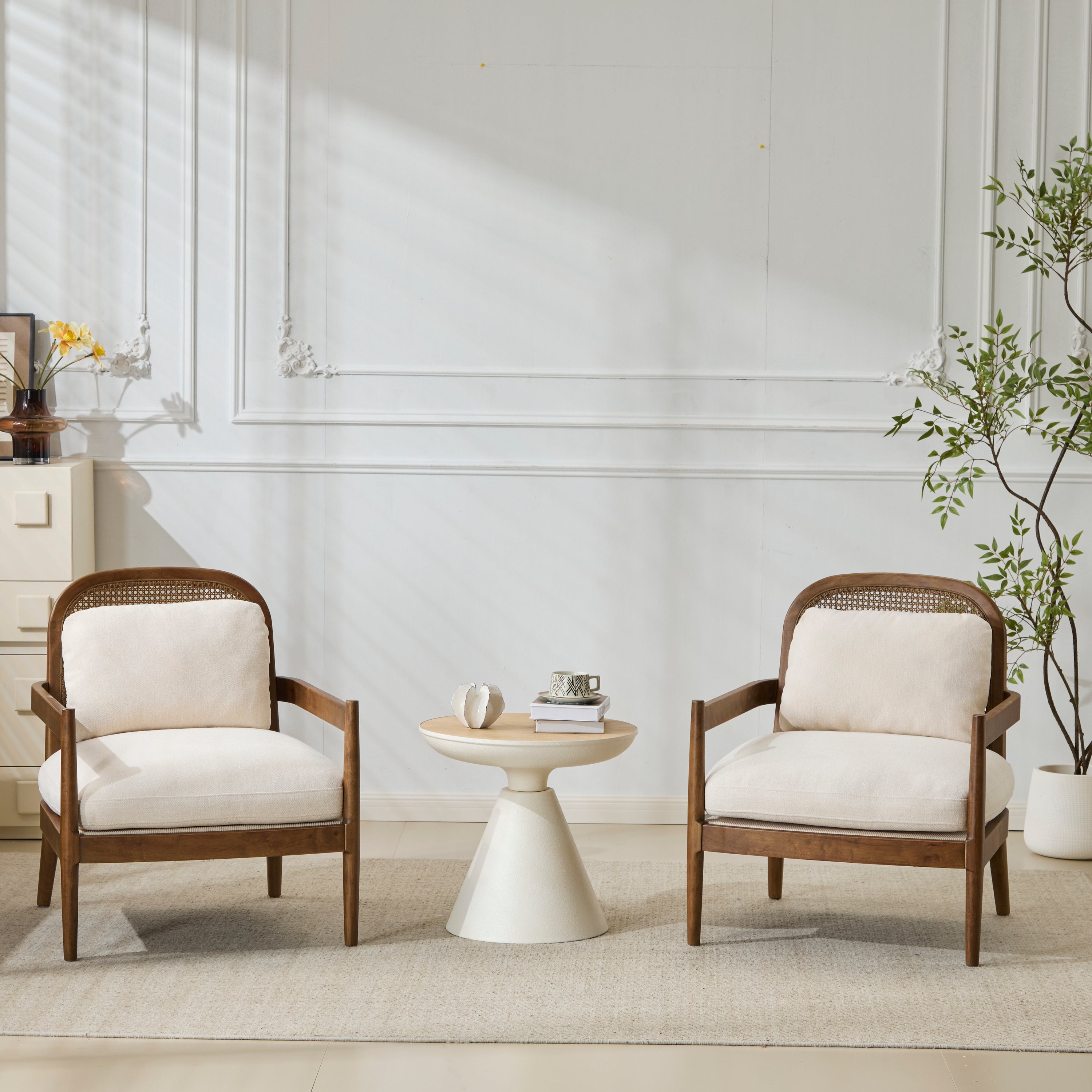 Elliston Rattan Backrest Solid Wood Accent Chair with Cushions, Set of 2