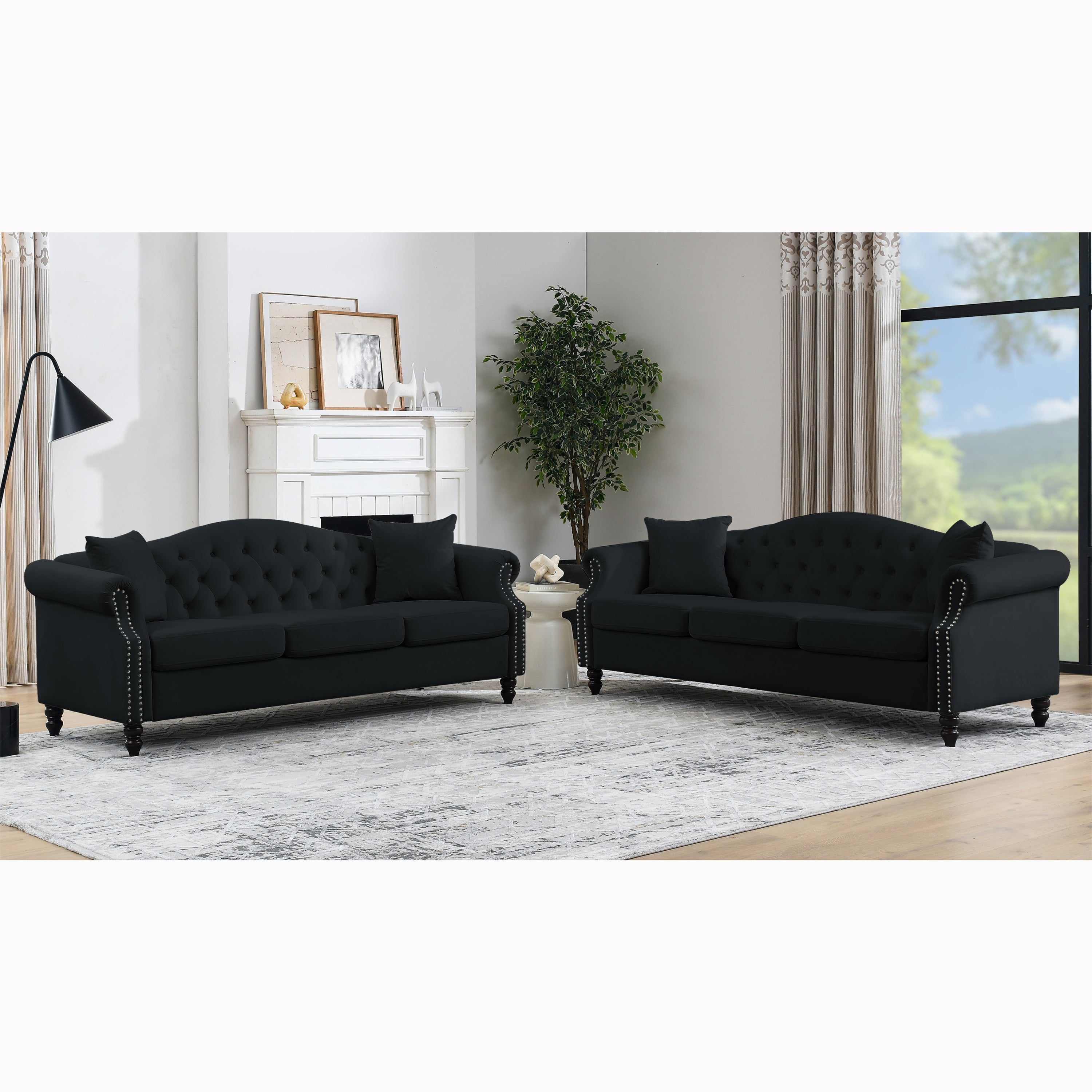 Nailhead Velvet Pitched Back Chesterfield 3-Seater Sofa