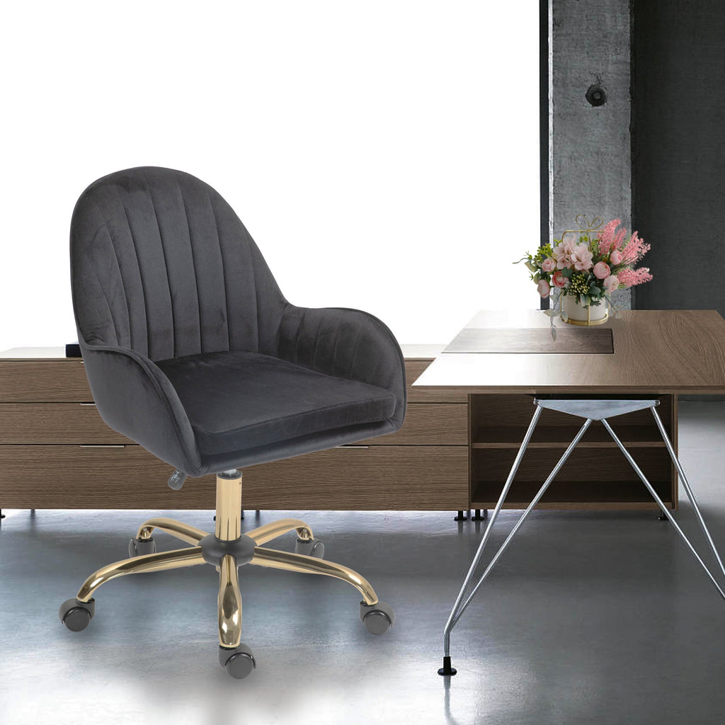 Velvet Home Office Chair with Wheels and Gold Metal Base