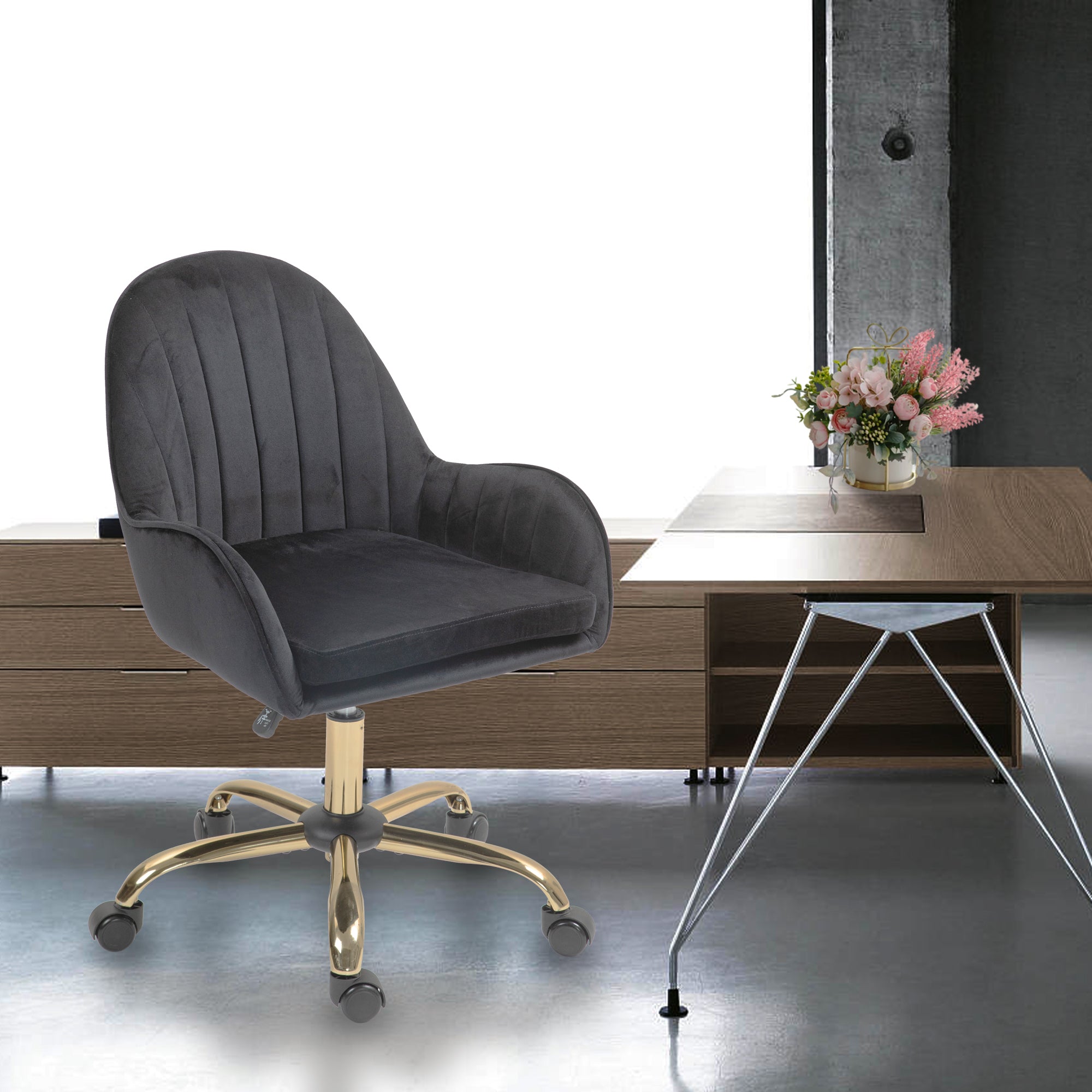 Velvet Home Office Chair with Wheels and Gold Metal Base