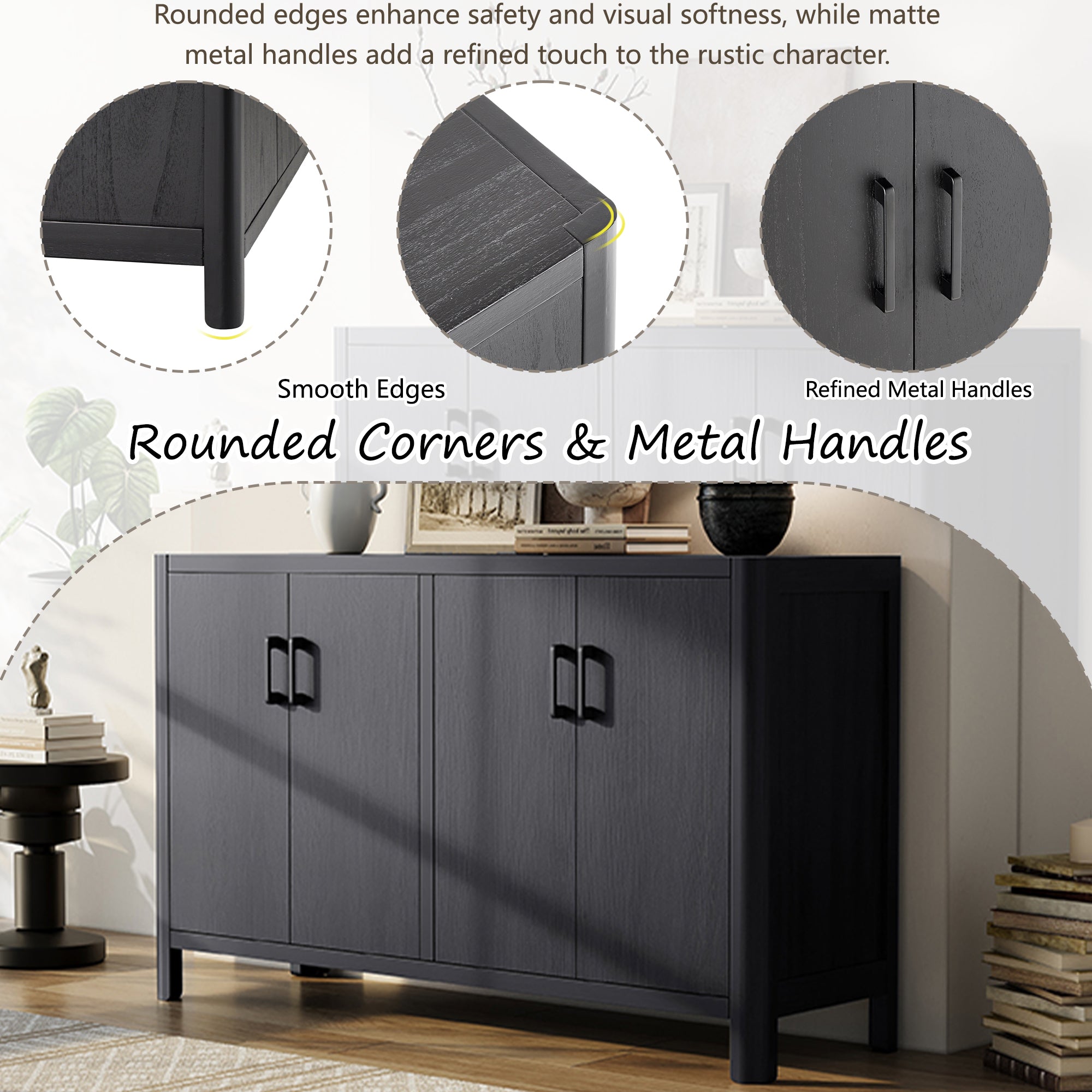 Farmhouse Style 4-Door Cabinet with Natural Distressed Finish