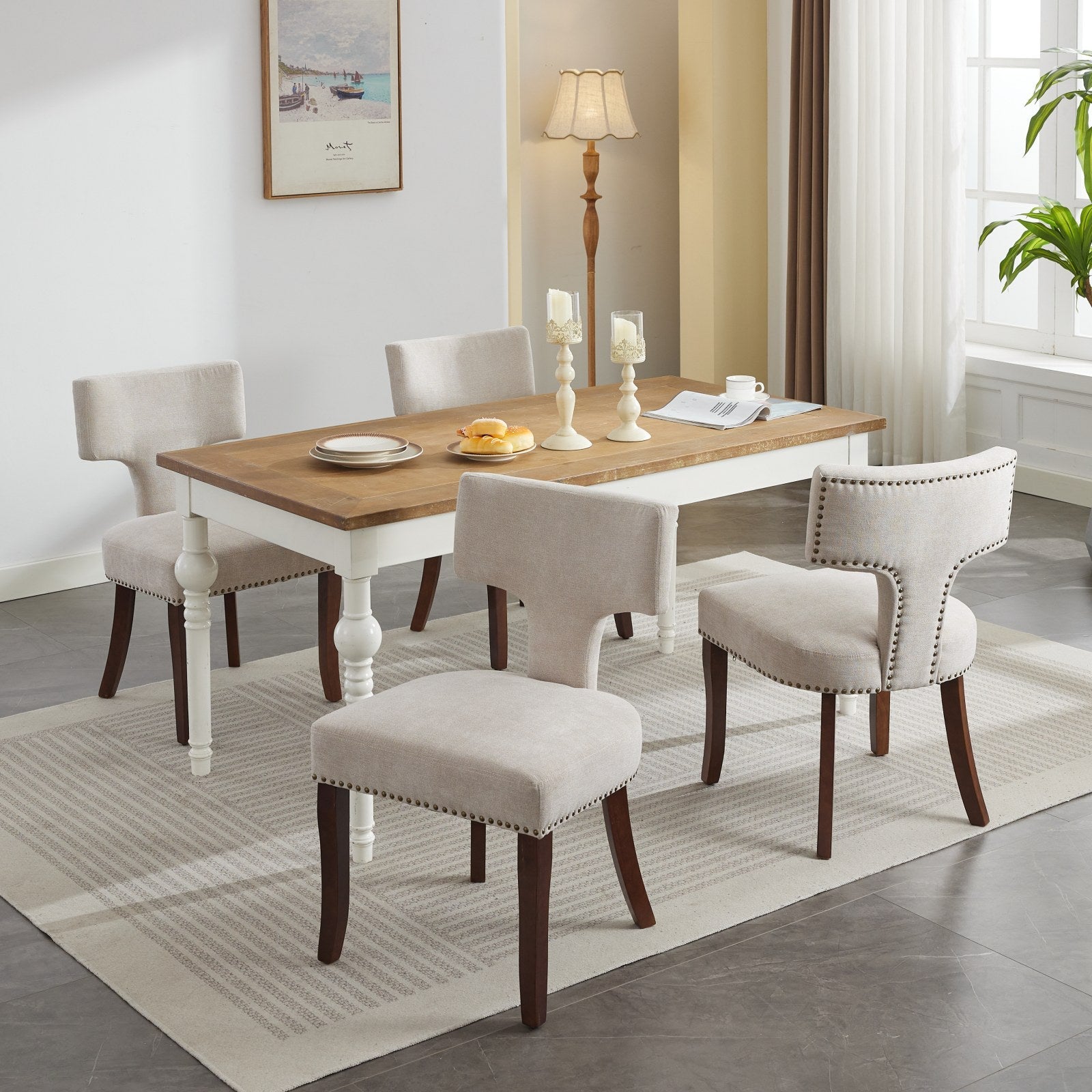 Mid Century Modern T-Back Dining Chairs with Nailhead Trim, Set of 2