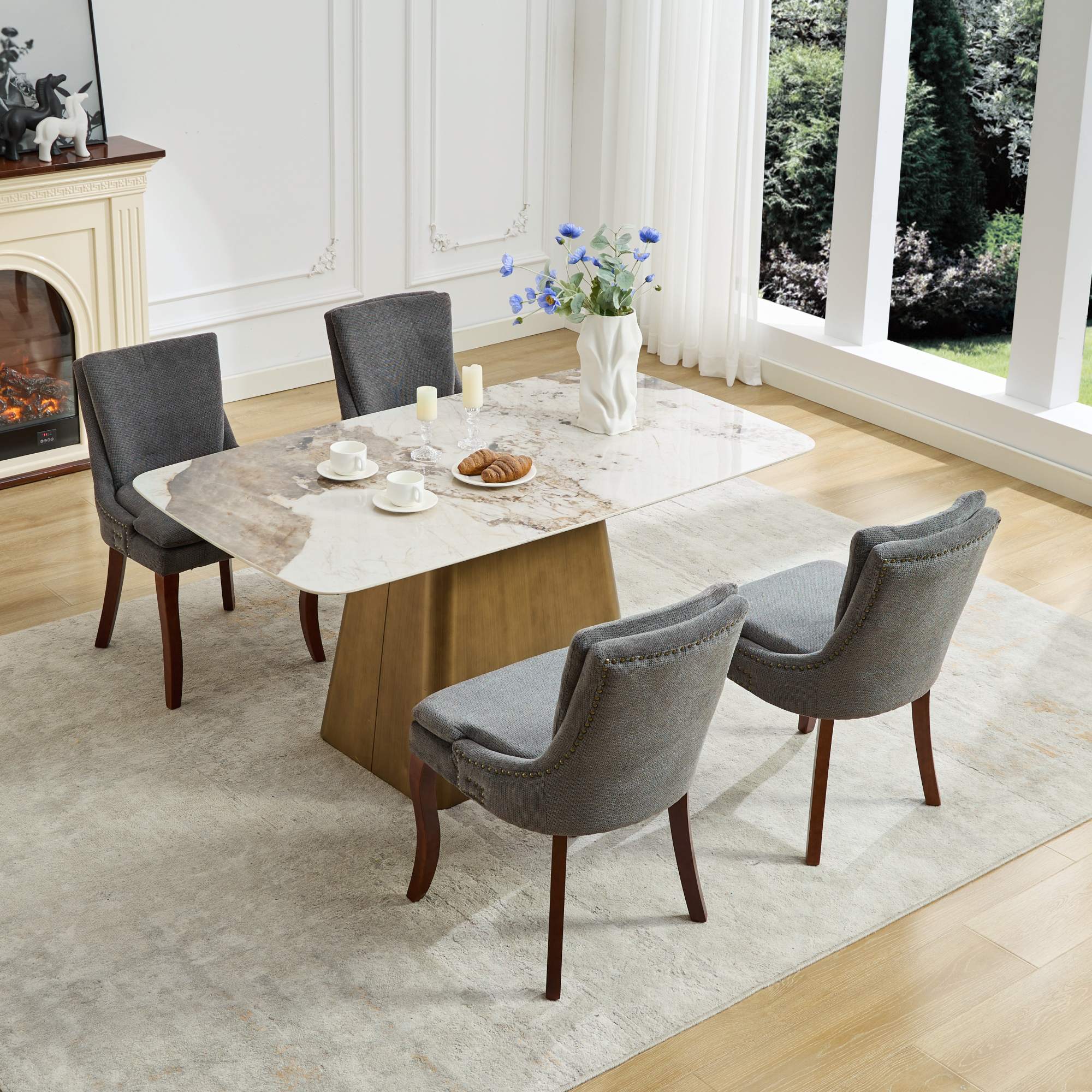 ChenilleUpholstered Dining Chairs with Curved Solid Wood Legs, Set of 2
