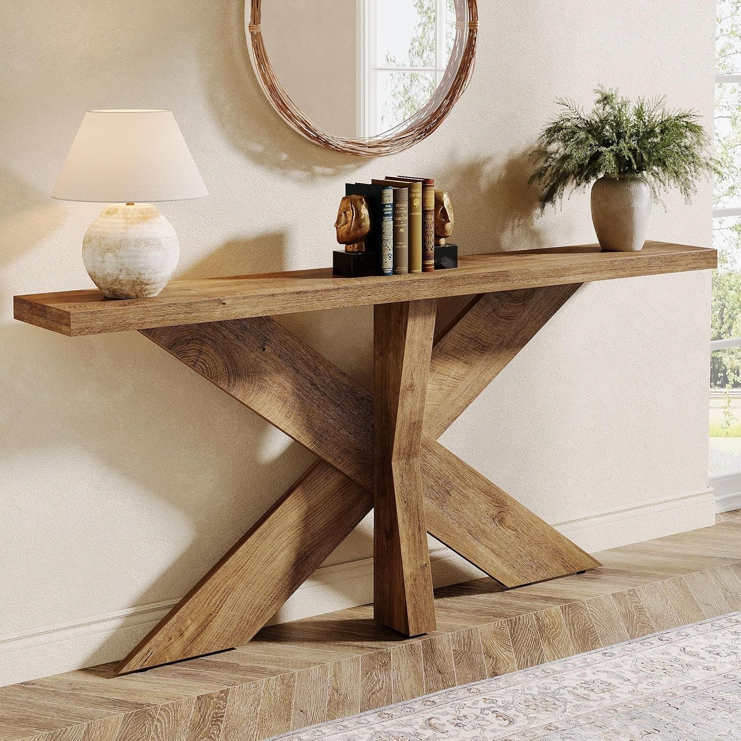 Bridgemont Farmhouse Console Table with Geometric Wooden Base