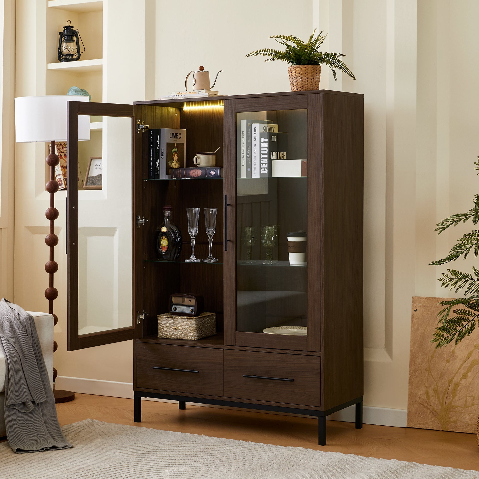 Wide Farmhouse Storage Cabinet with 4-Tier Adjustable Glass Shelves