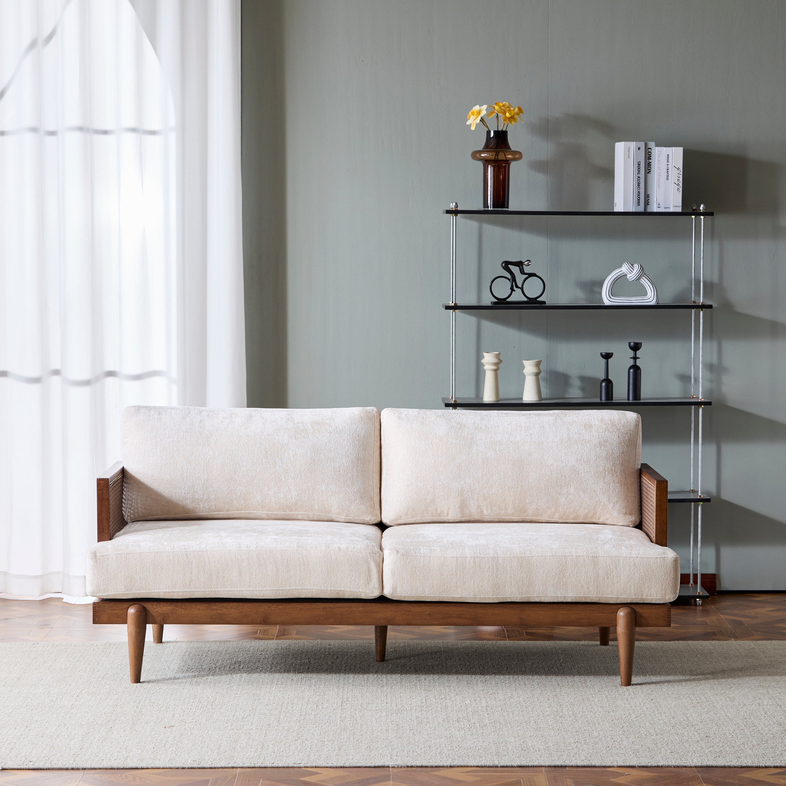 Square Arm 3-Seater Sofa with Cane Rattan and Wooden Frame