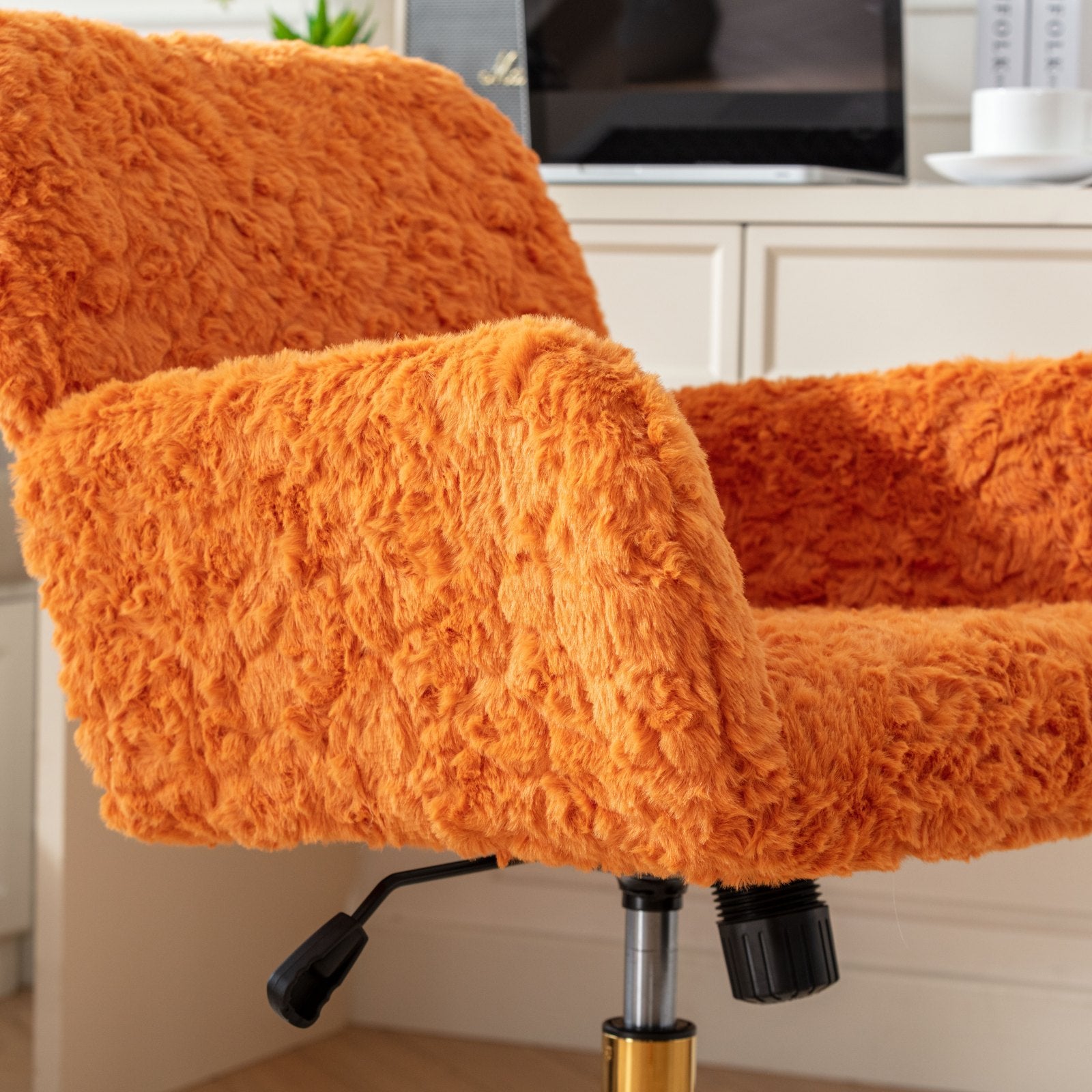 Faux Rabbit Hair Office Chair with Golden Metal Base, Adjustable Swivel