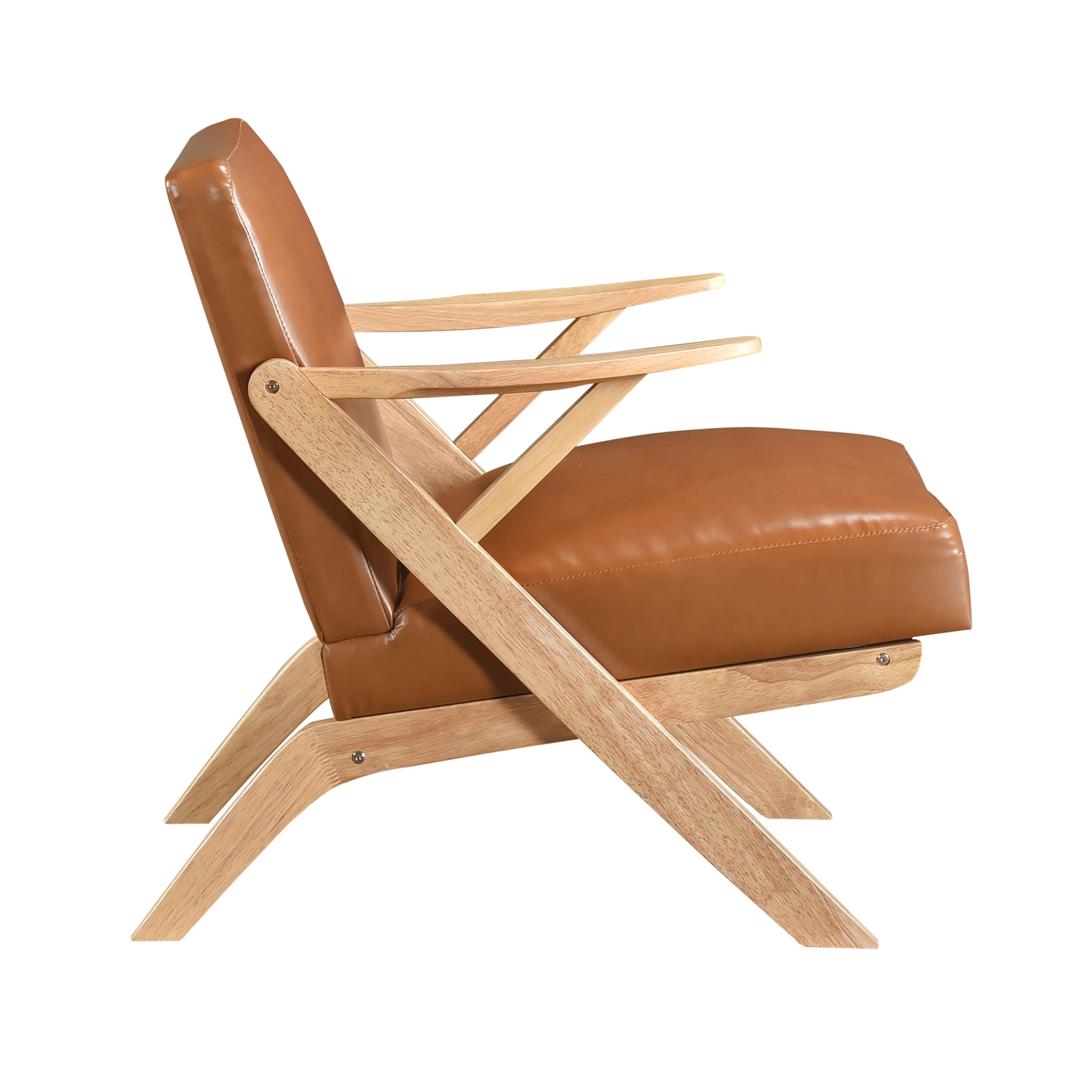 Solid Rubberwood Frame Accent Chair with Brown Faux Leather Upholstery