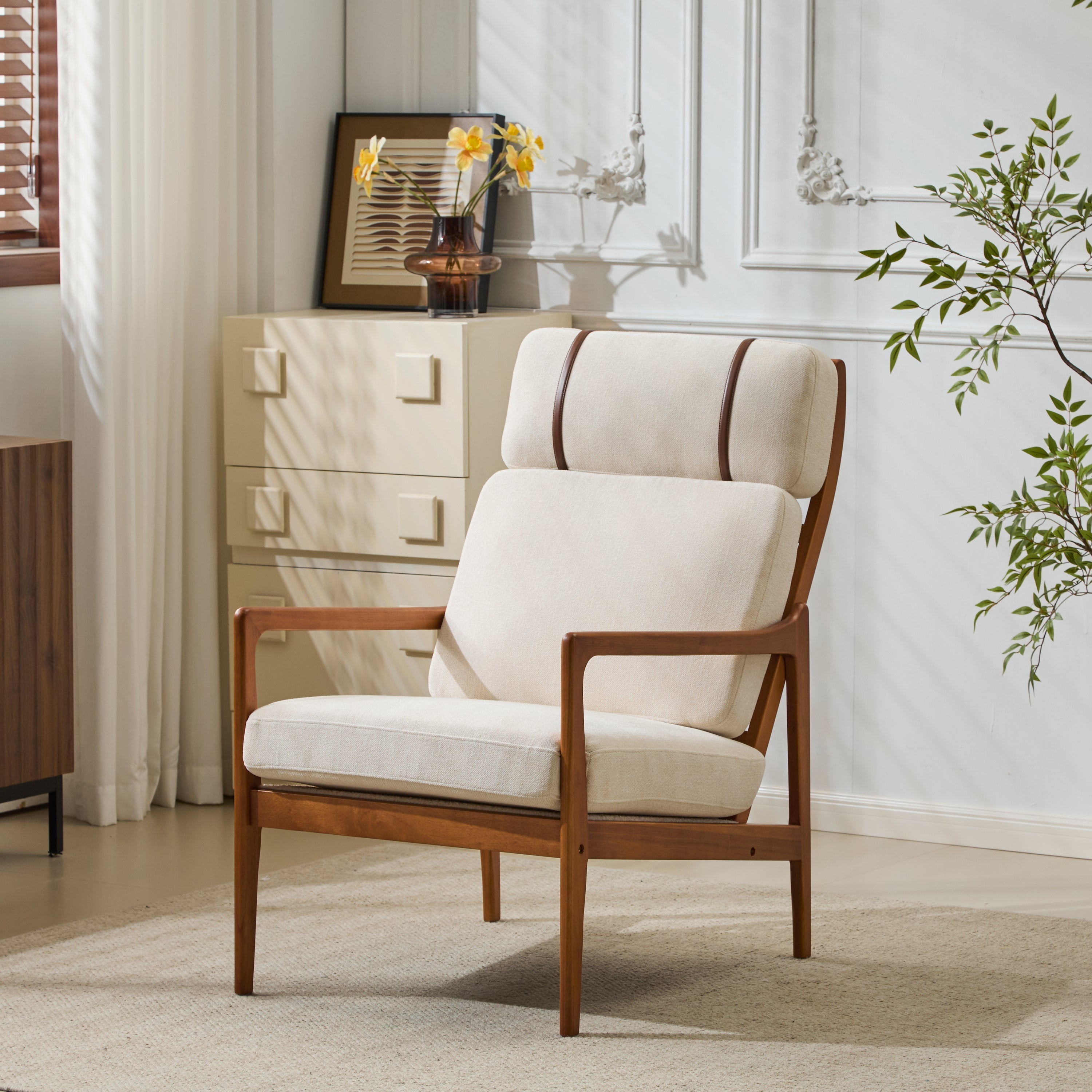 Birchmere Mid Century Modern Accent Armchair, Solid Wood Frame with High Back & Upholstered Cushions