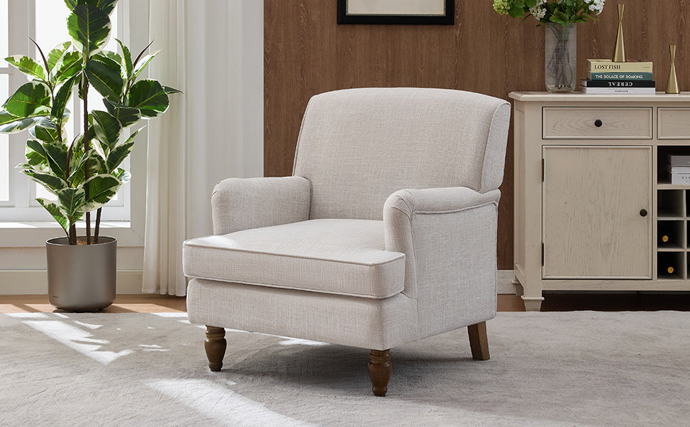 Benton Upholstered Linen Fabric Armchair with Antique Solid Wood Legs
