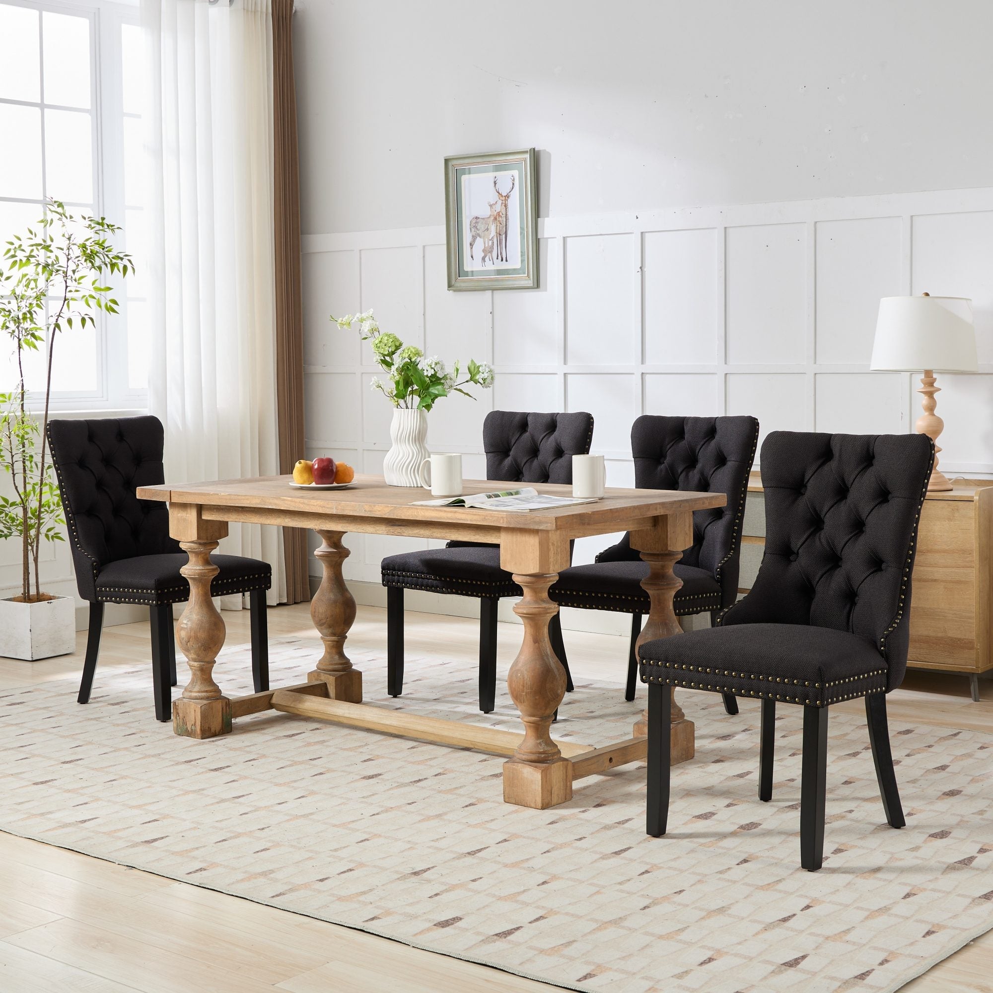 Rosewick Modern Tufted Linen Nailhead Trim Solid Wood Upholstered Dining Chair with Black Legs, Set of 2