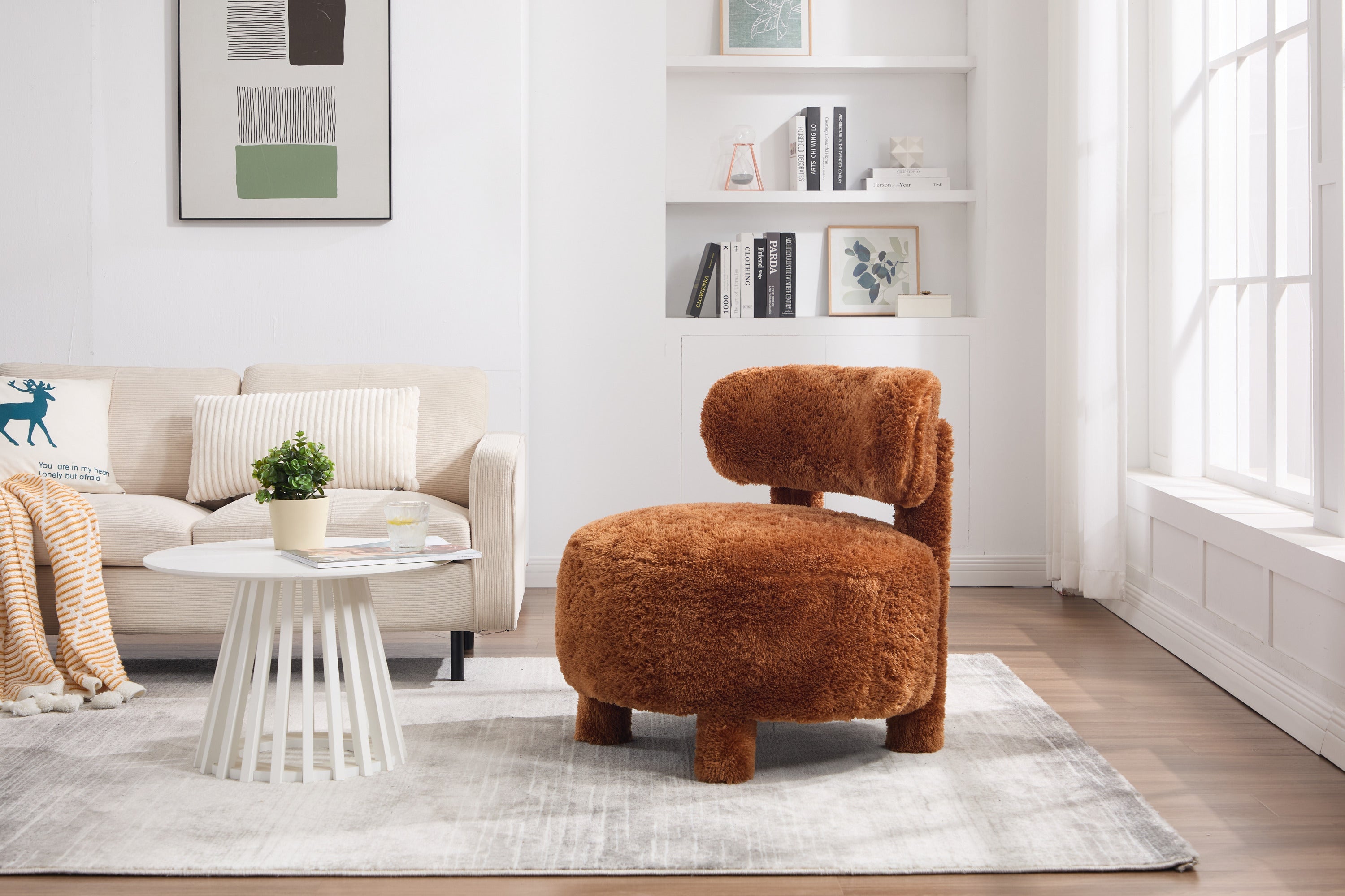 Fuzzy Armless Accent Chair with Curved Backrest and Solid Wooden Legs