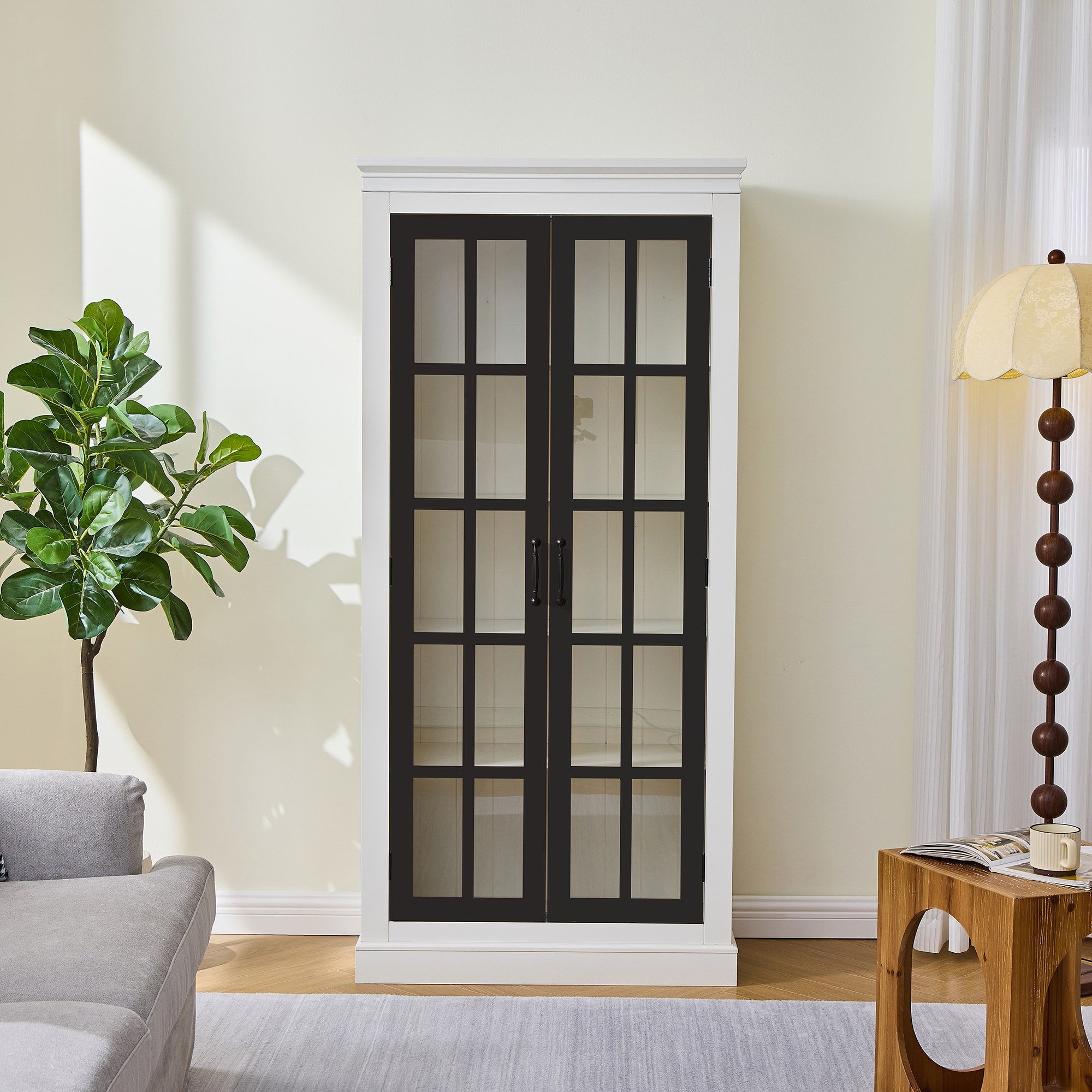Rustic Style Display Cabinet with Glass Doors