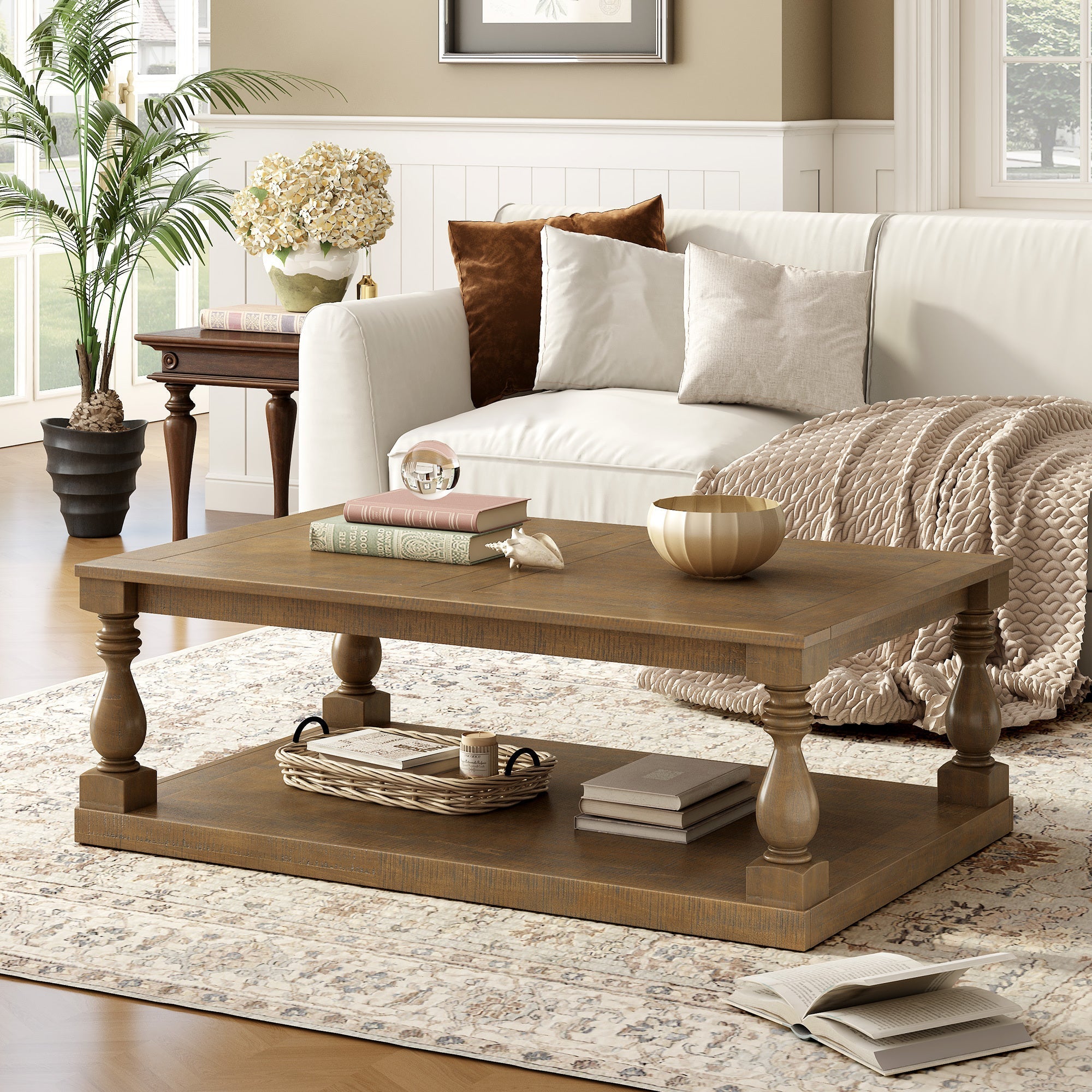 Farmhouse Turned-Leg Coffee Table with Bottom Shelf
