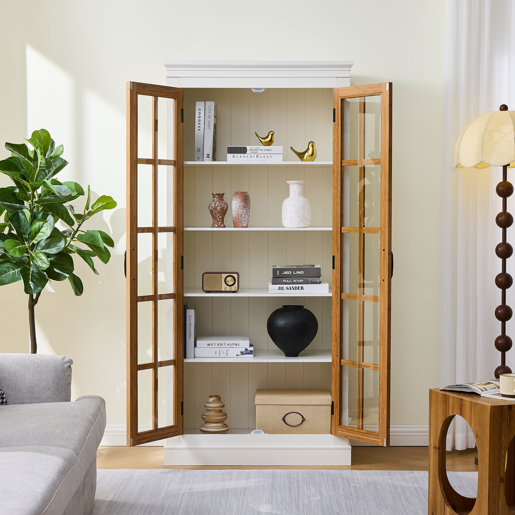Rustic Style Display Cabinet with Glass Doors