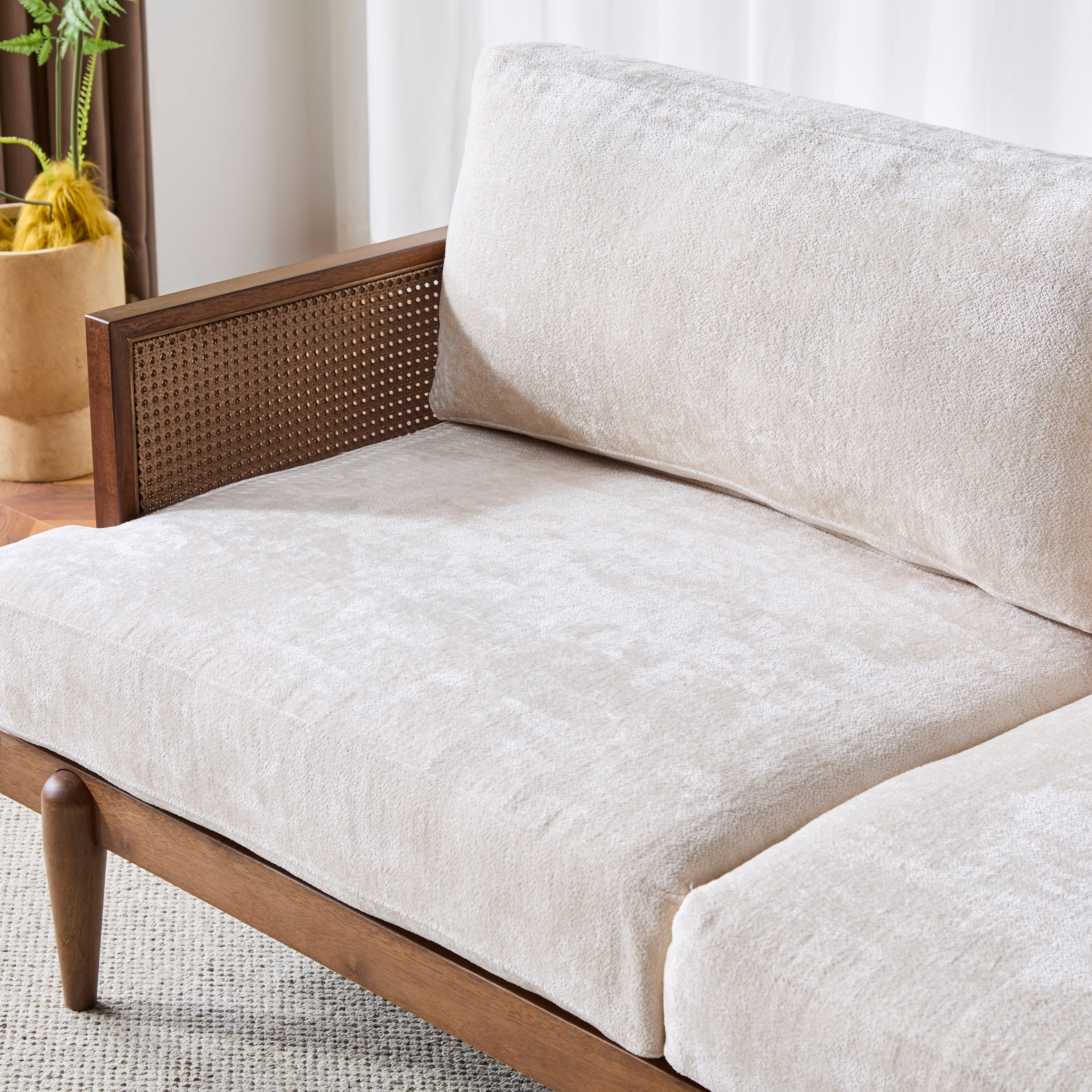 Square Arm 3-Seater Sofa with Cane Rattan and Wooden Frame