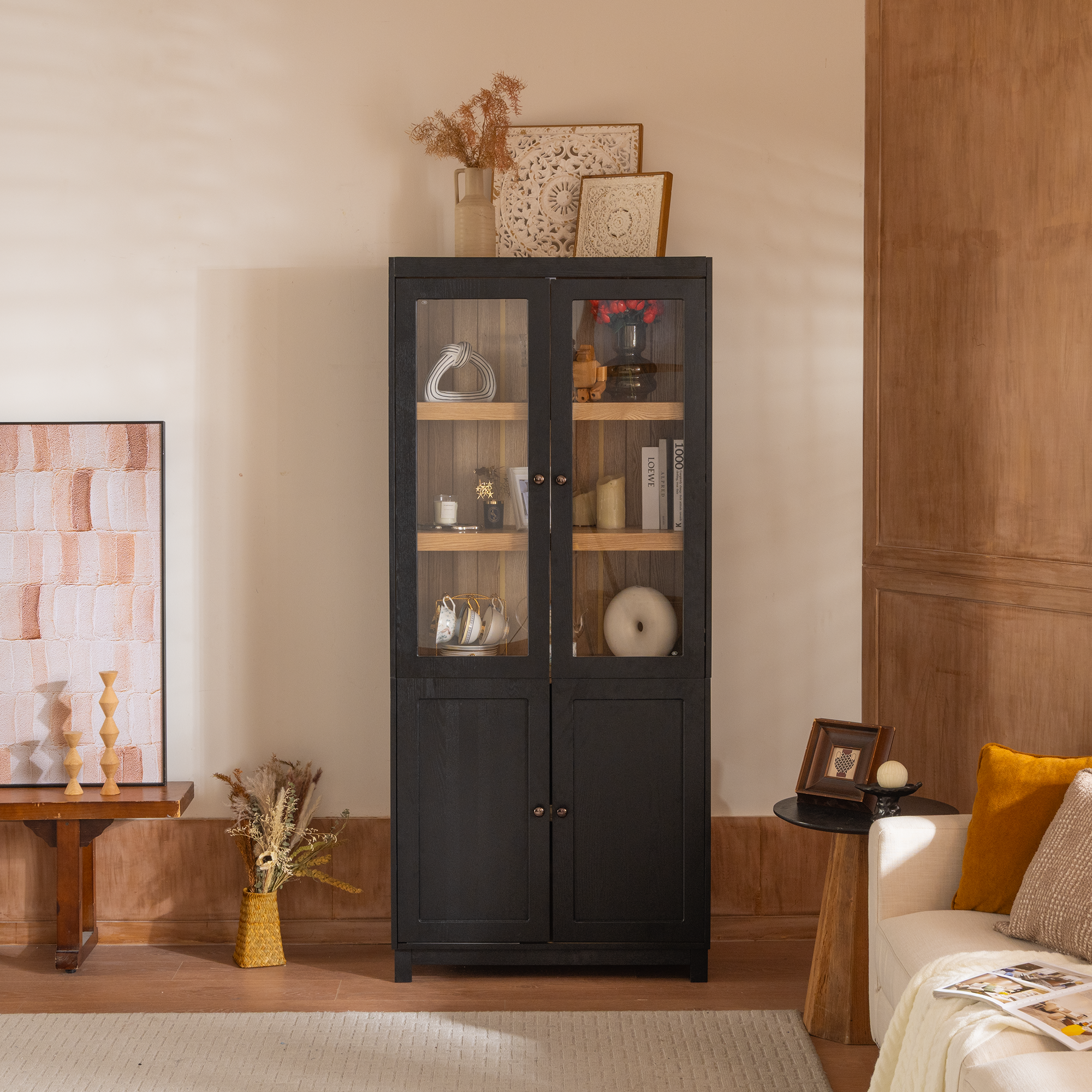 Mid-Century Modern Style Tall Display Cabinet with Glass Doors