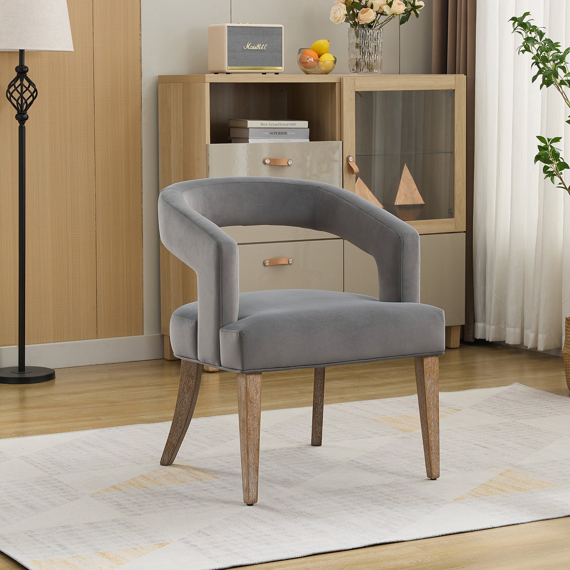 Velvet Open Back Barrel Upholstered Accent Chair with Weathered Solid Wood Legs