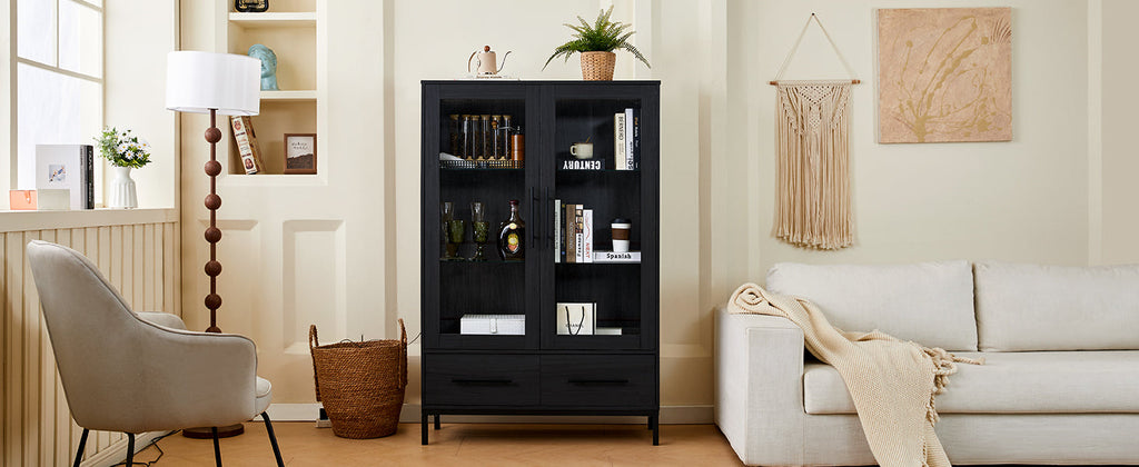 Wide Farmhouse Storage Cabinet with 4-Tier Adjustable Glass Shelves