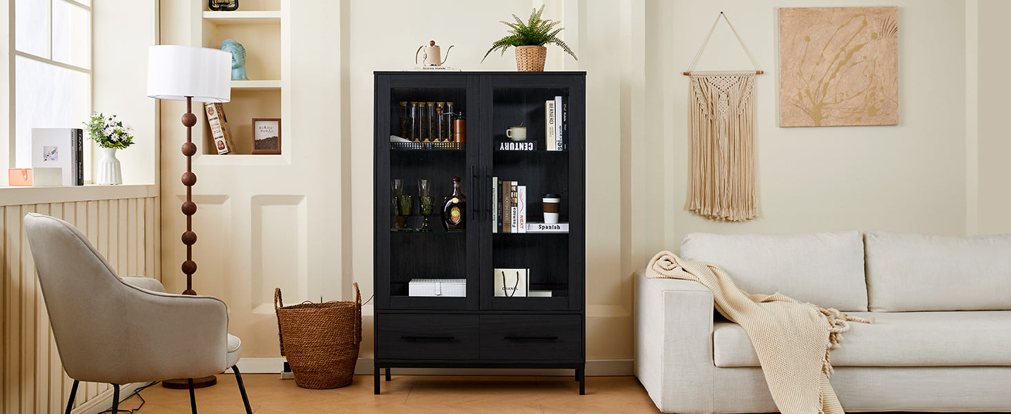 Wide Farmhouse Storage Cabinet with 4-Tier Adjustable Glass Shelves