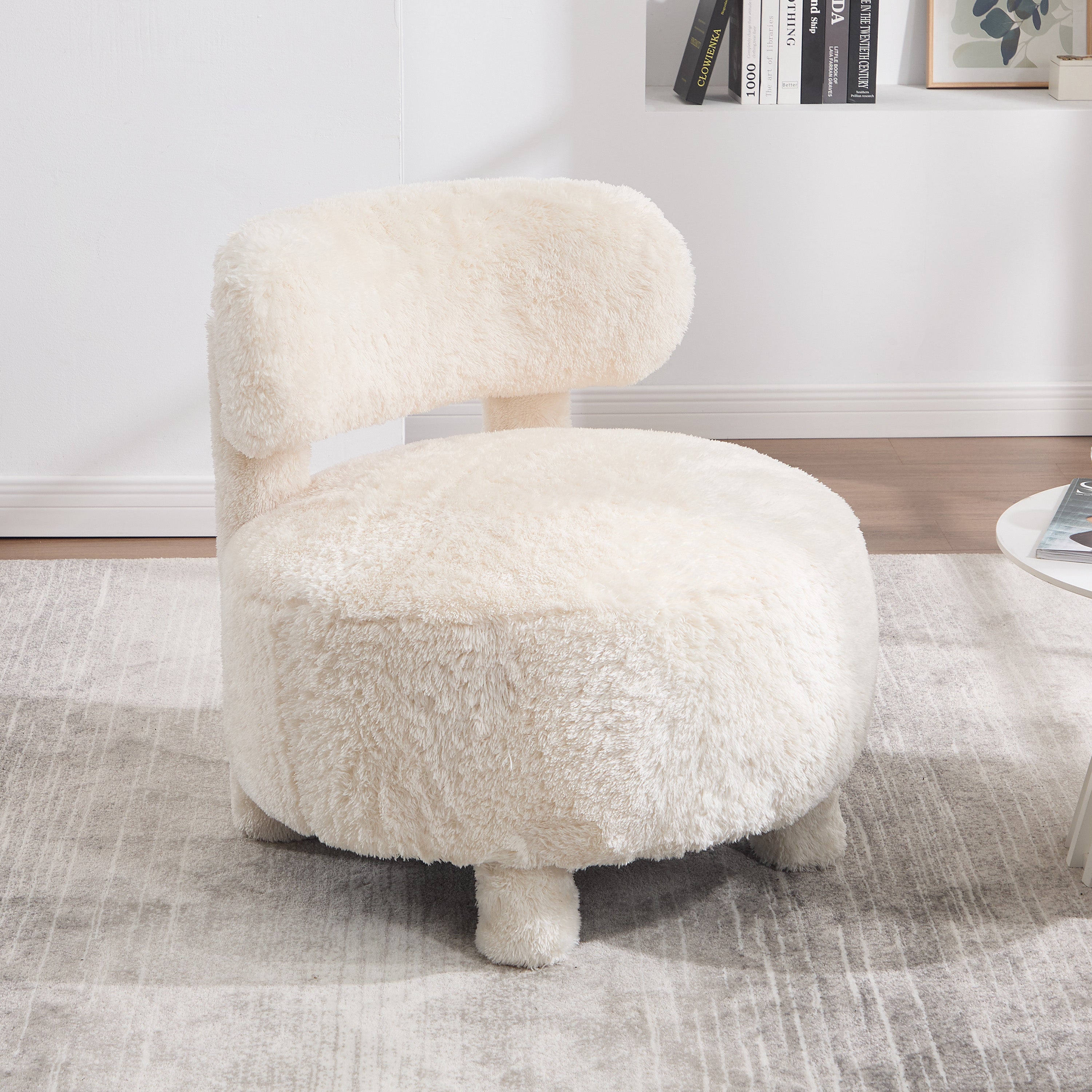 Fuzzy Armless Accent Chair with Curved Backrest and Solid Wooden Legs