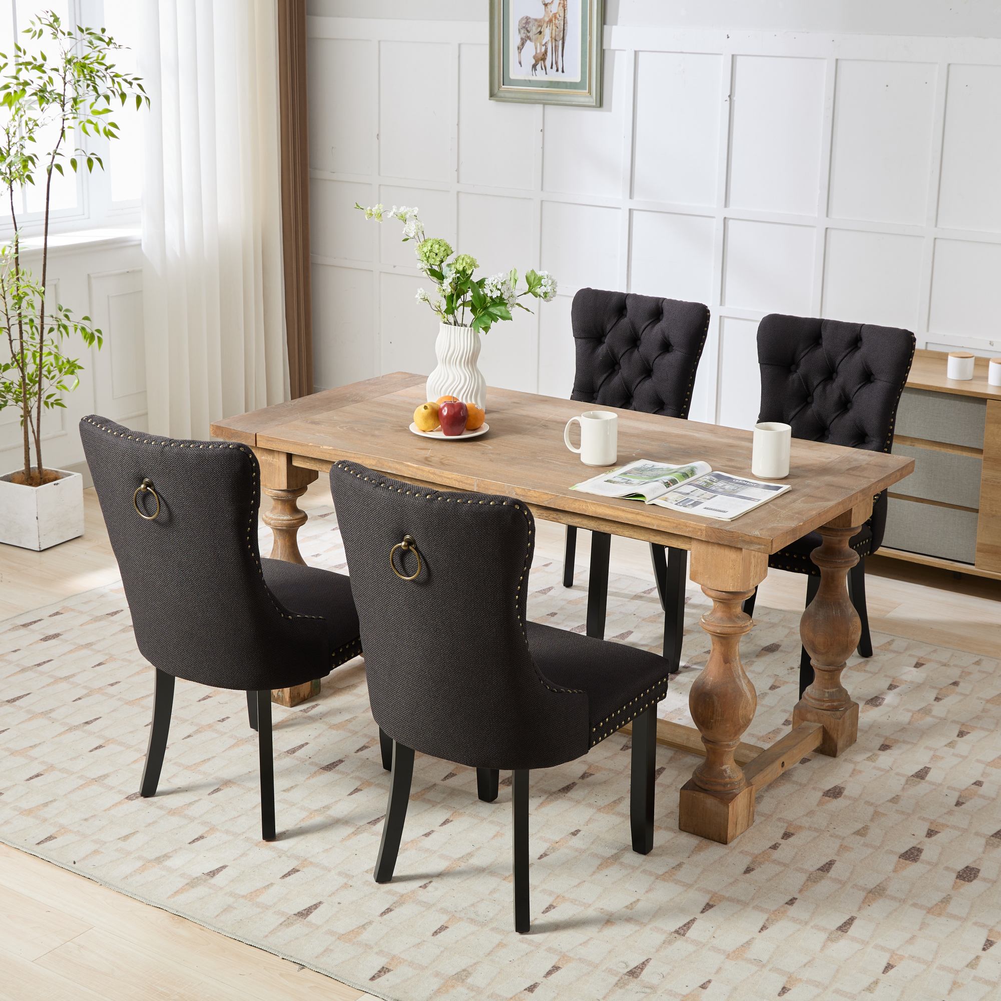 Rosewick Modern Tufted Linen Nailhead Trim Solid Wood Upholstered Dining Chair with Black Legs, Set of 2