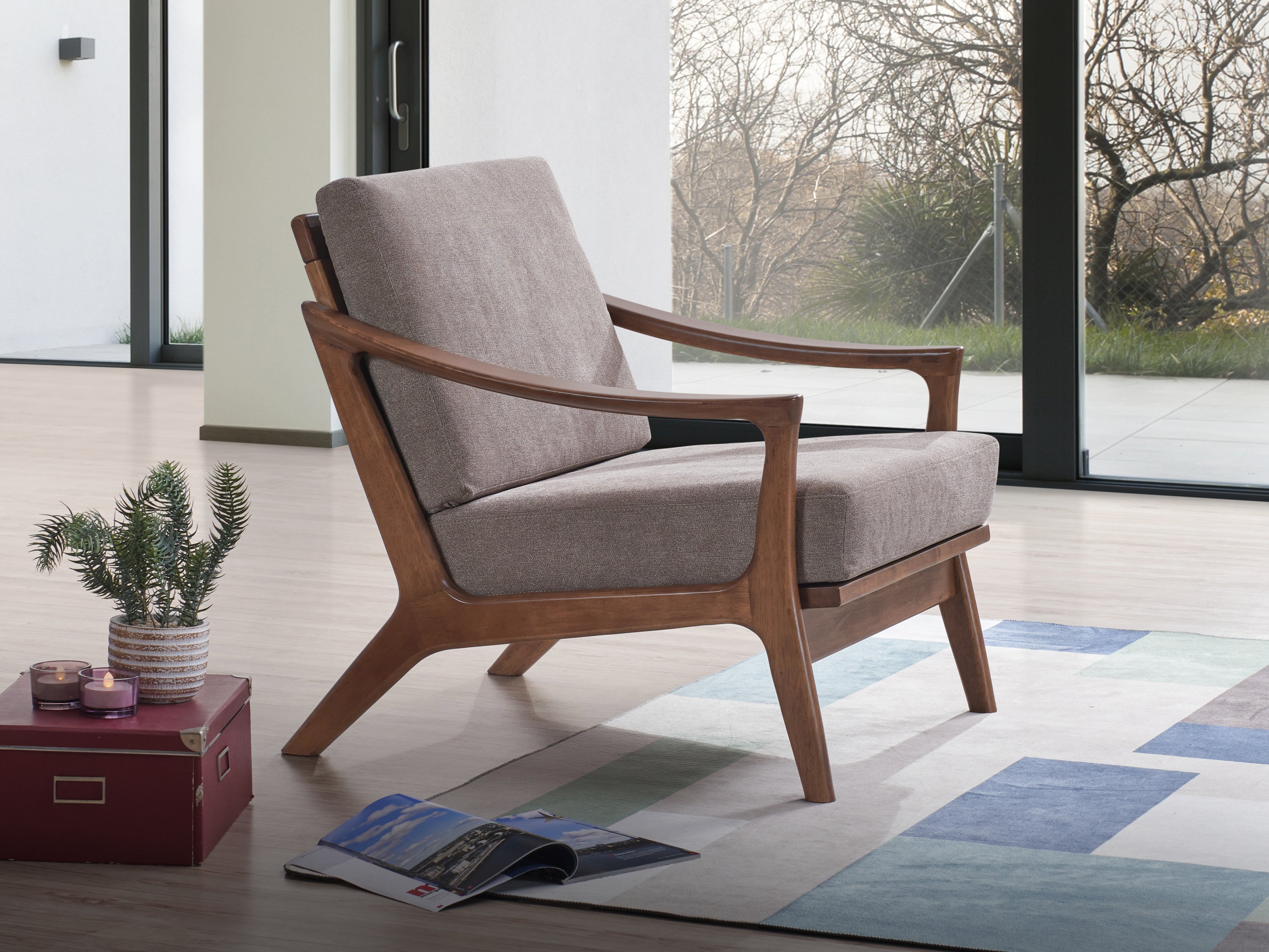Lide Light Brown Fabric & Brown Finish Accent Chair