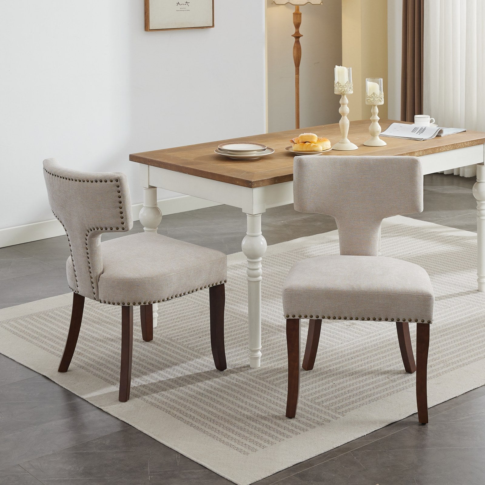 Mid Century Modern T-Back Dining Chairs with Nailhead Trim, Set of 2