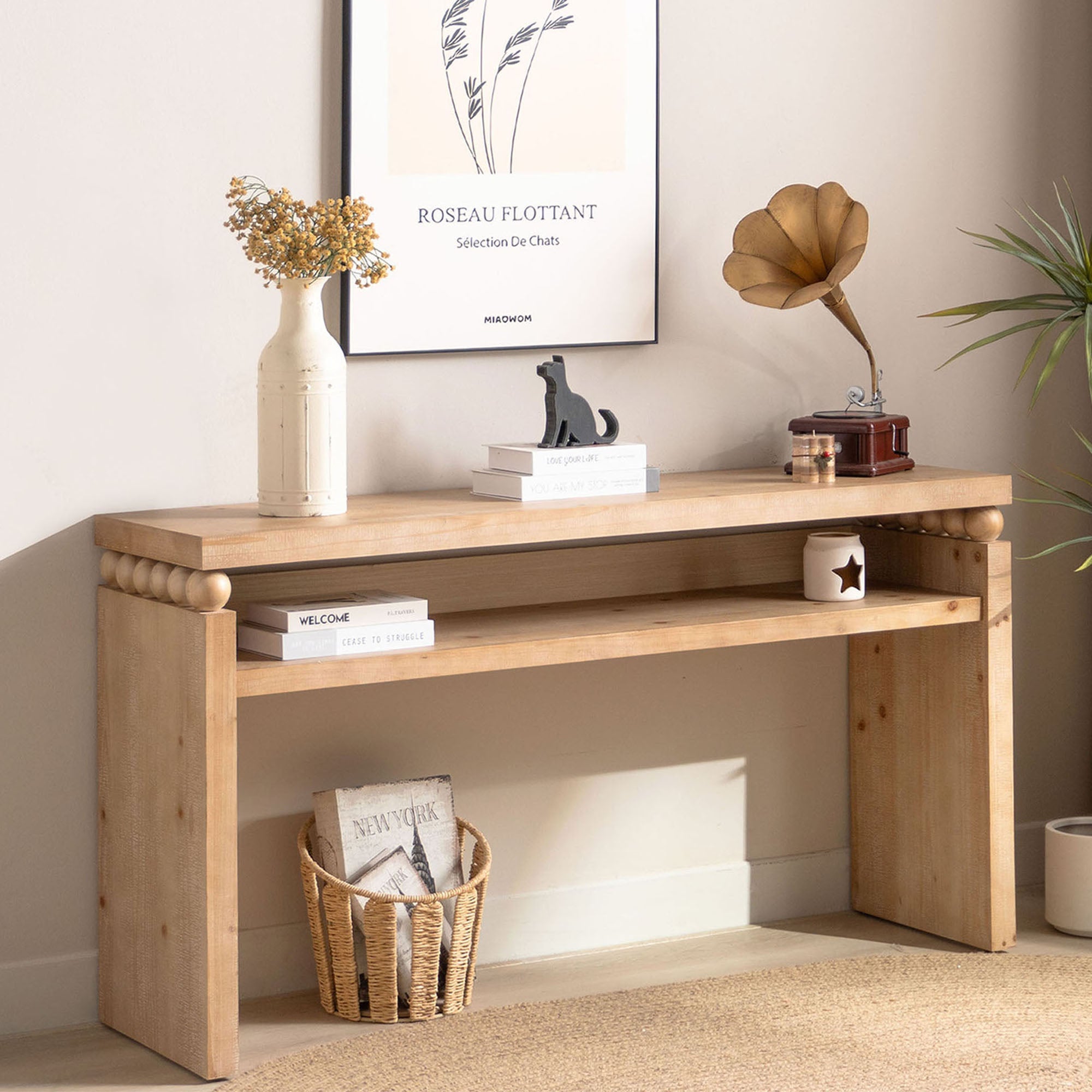 Modern Rustic Console Table with Shelf & Decorative Bead Detail