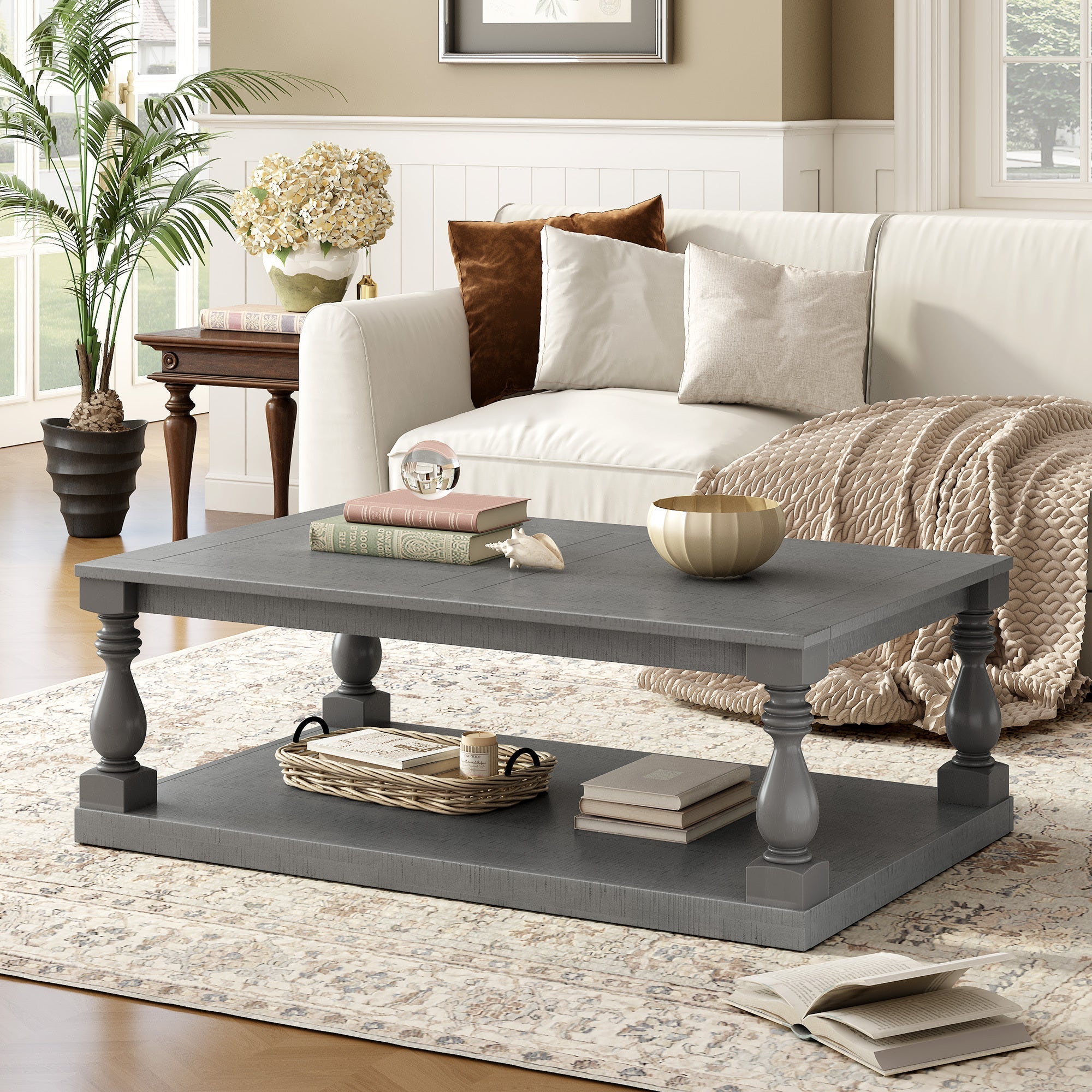 Farmhouse Turned-Leg Coffee Table with Bottom Shelf