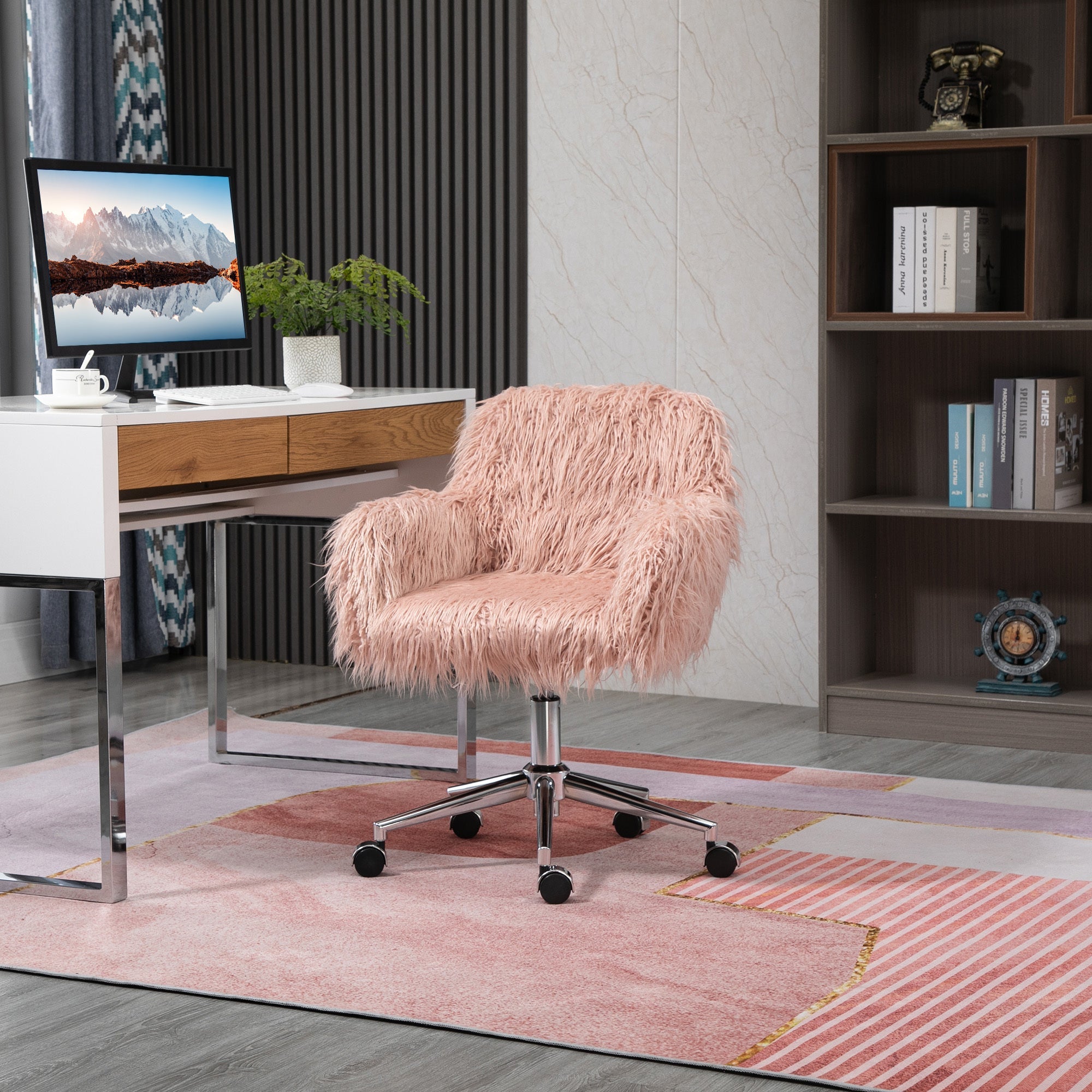 Faux Fur Desk Chair with Adjustable Height and Wheels