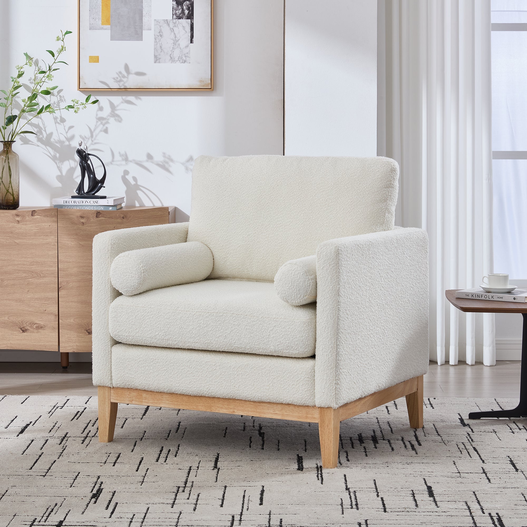 Wide Modern Farmhouse Performance Boucle Accent Chair with Natural Wood Legs and Two Bolster Pillows