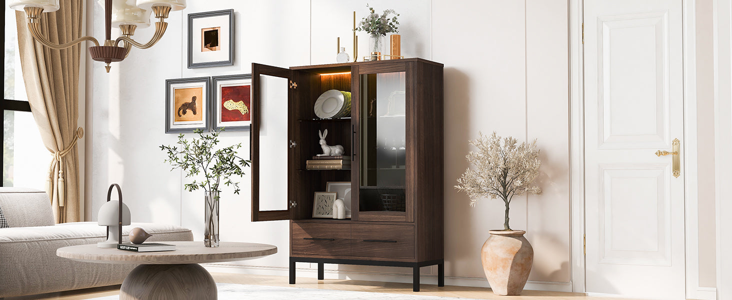 Wide Farmhouse Storage Cabinet with 4-Tier Adjustable Glass Shelves