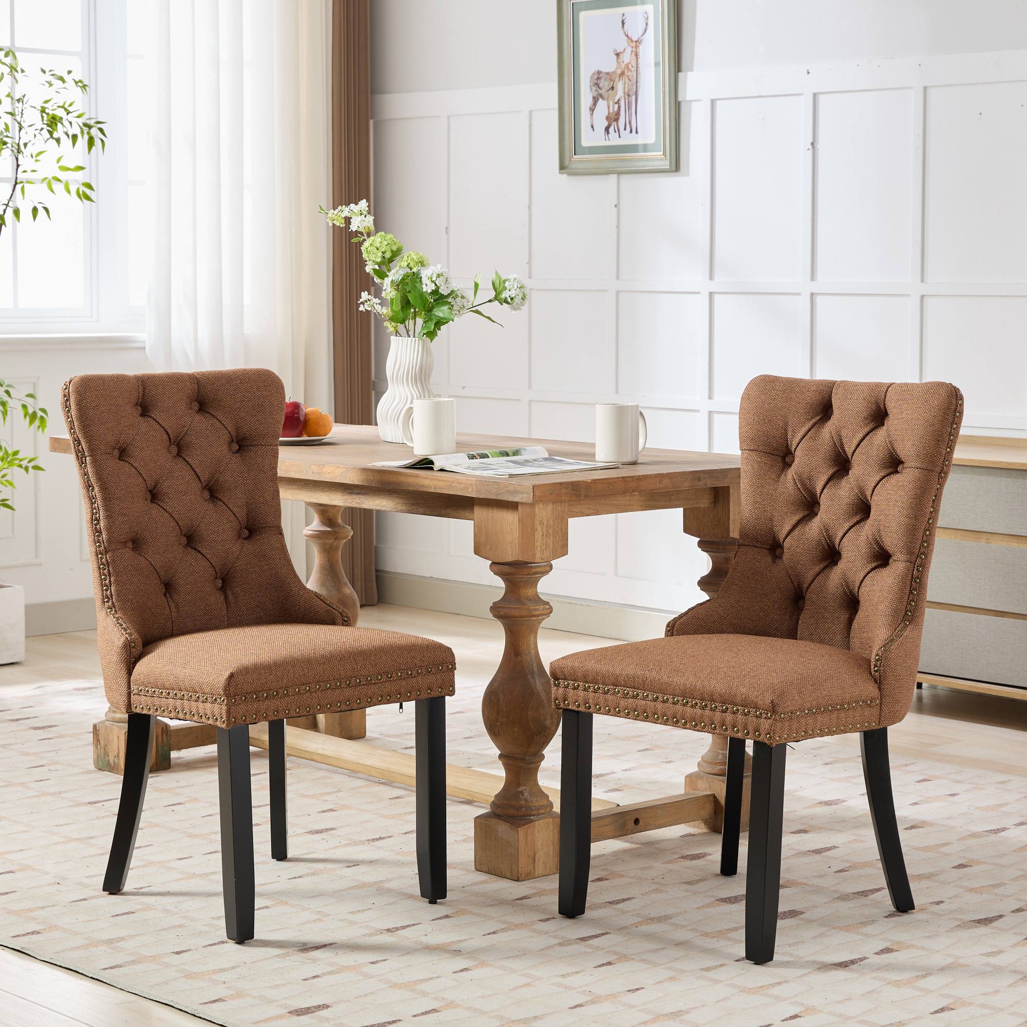 Rosewick Modern Tufted Linen Nailhead Trim Solid Wood Upholstered Dining Chair with Black Legs, Set of 2