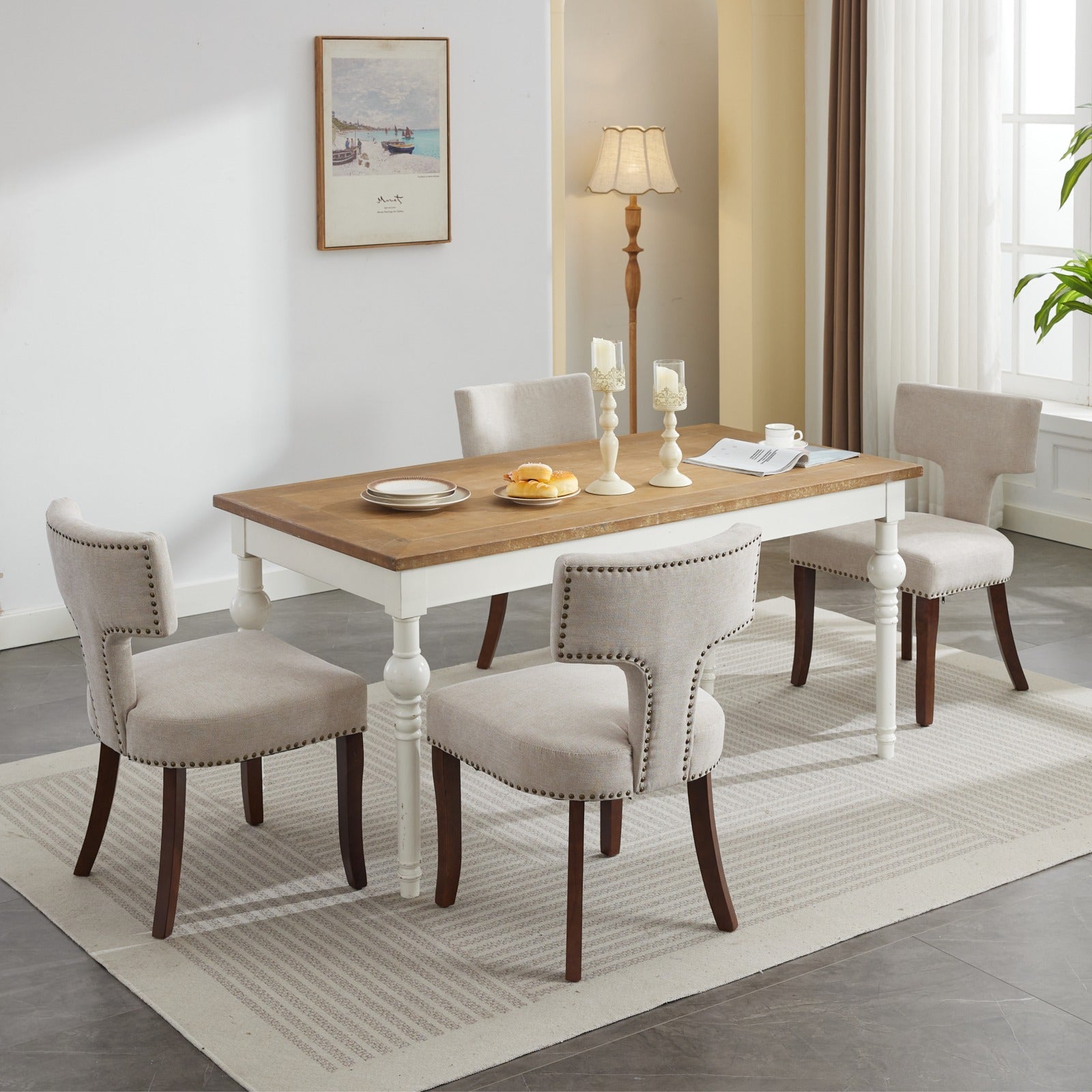 Mid Century Modern T-Back Dining Chairs with Nailhead Trim, Set of 2