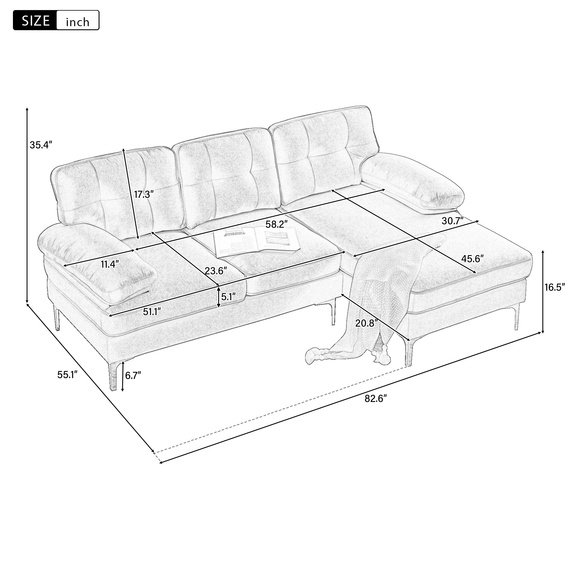 Modern Tufted Velvet L-Shape Sofa