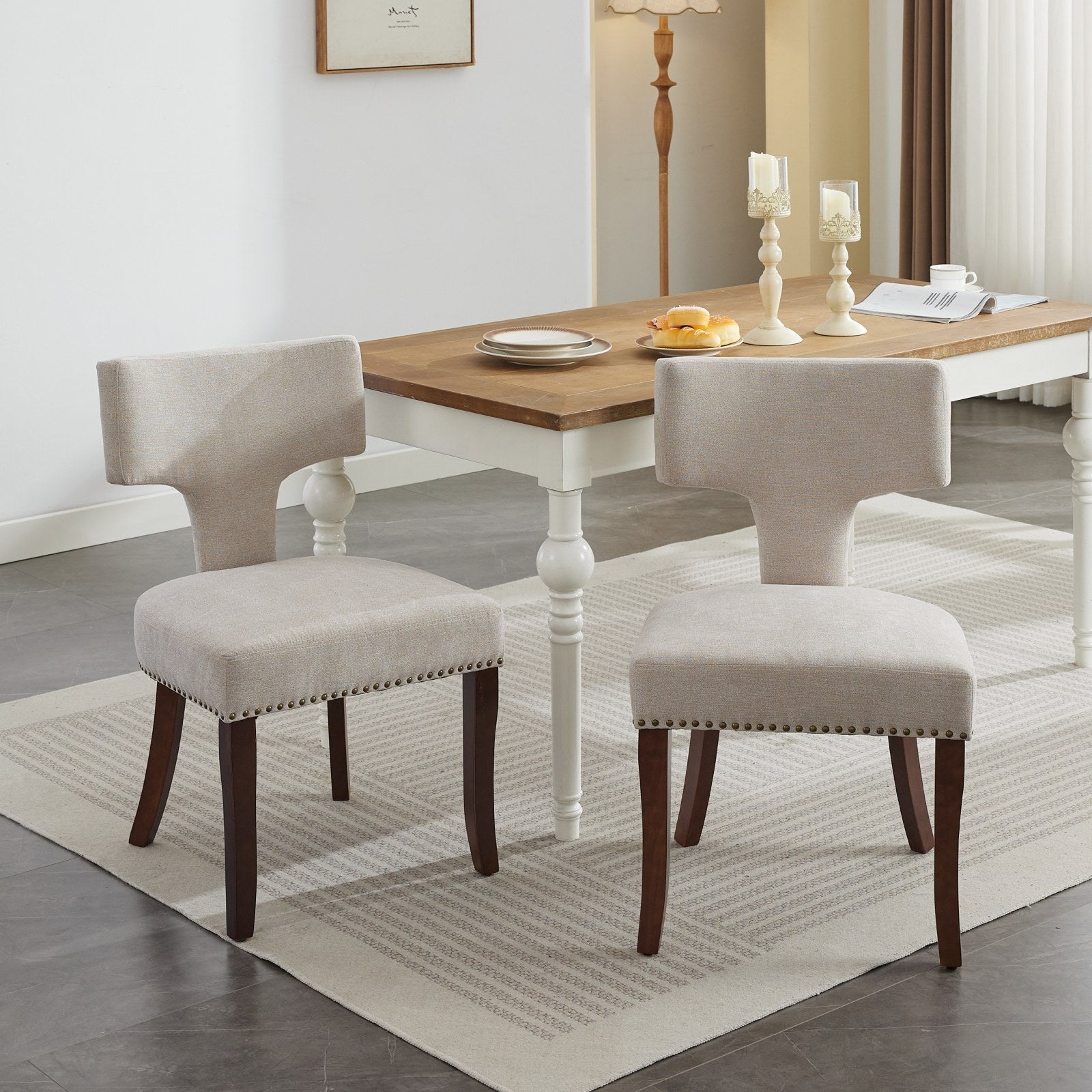 Mid Century Modern T-Back Dining Chairs with Nailhead Trim, Set of 2
