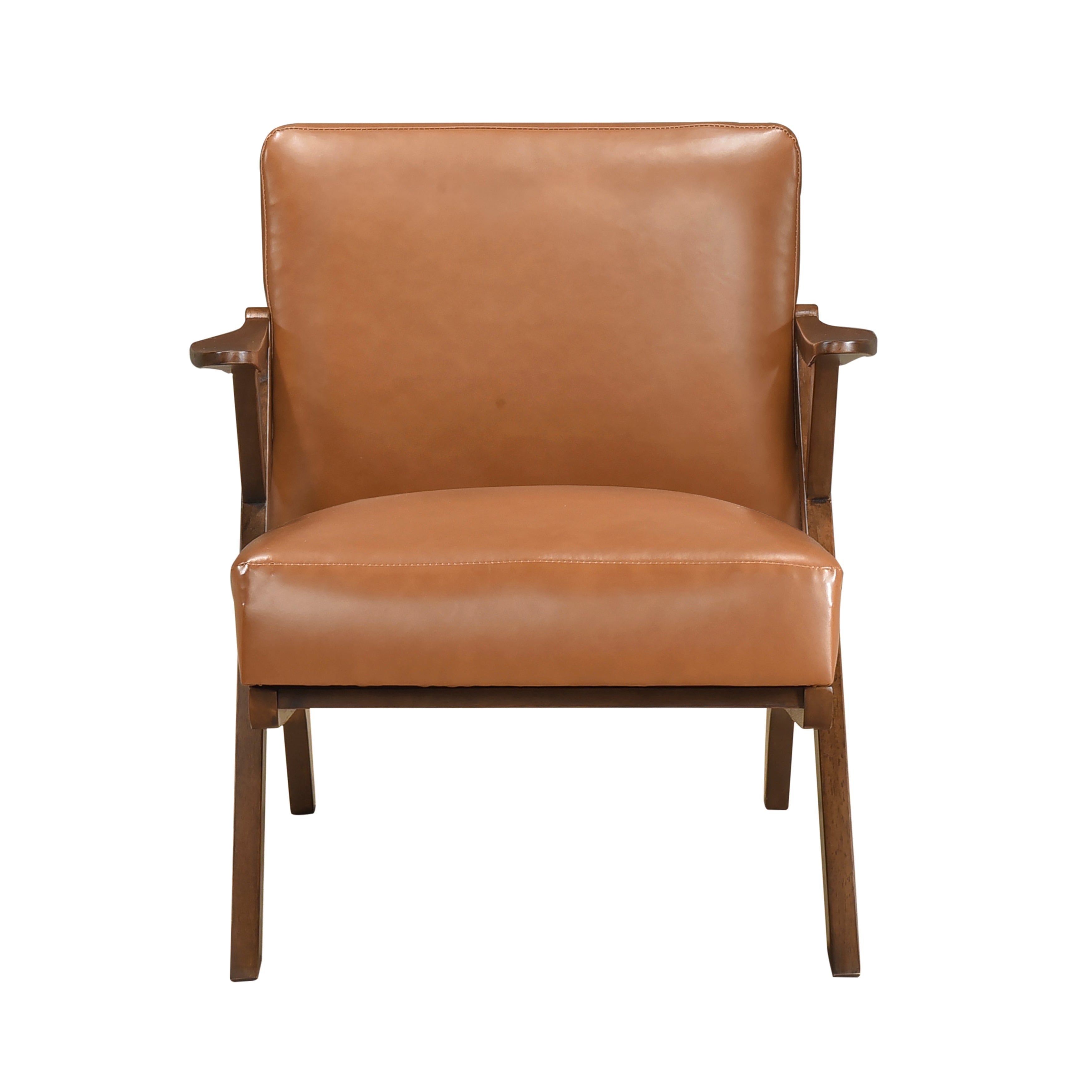 Solid Rubberwood Frame Accent Chair with Brown Faux Leather Upholstery
