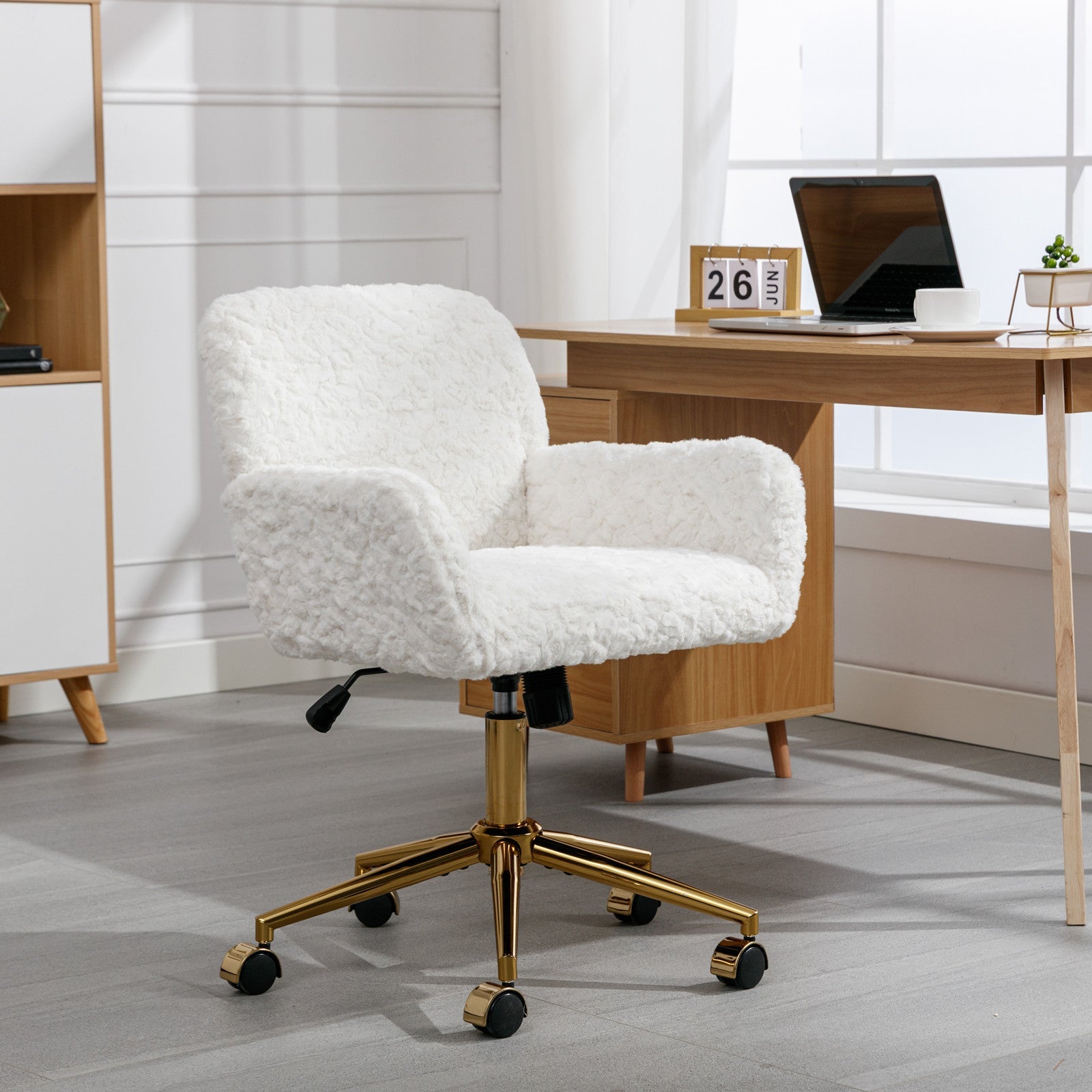 Faux Rabbit Hair Office Chair with Golden Metal Base, Adjustable Swivel