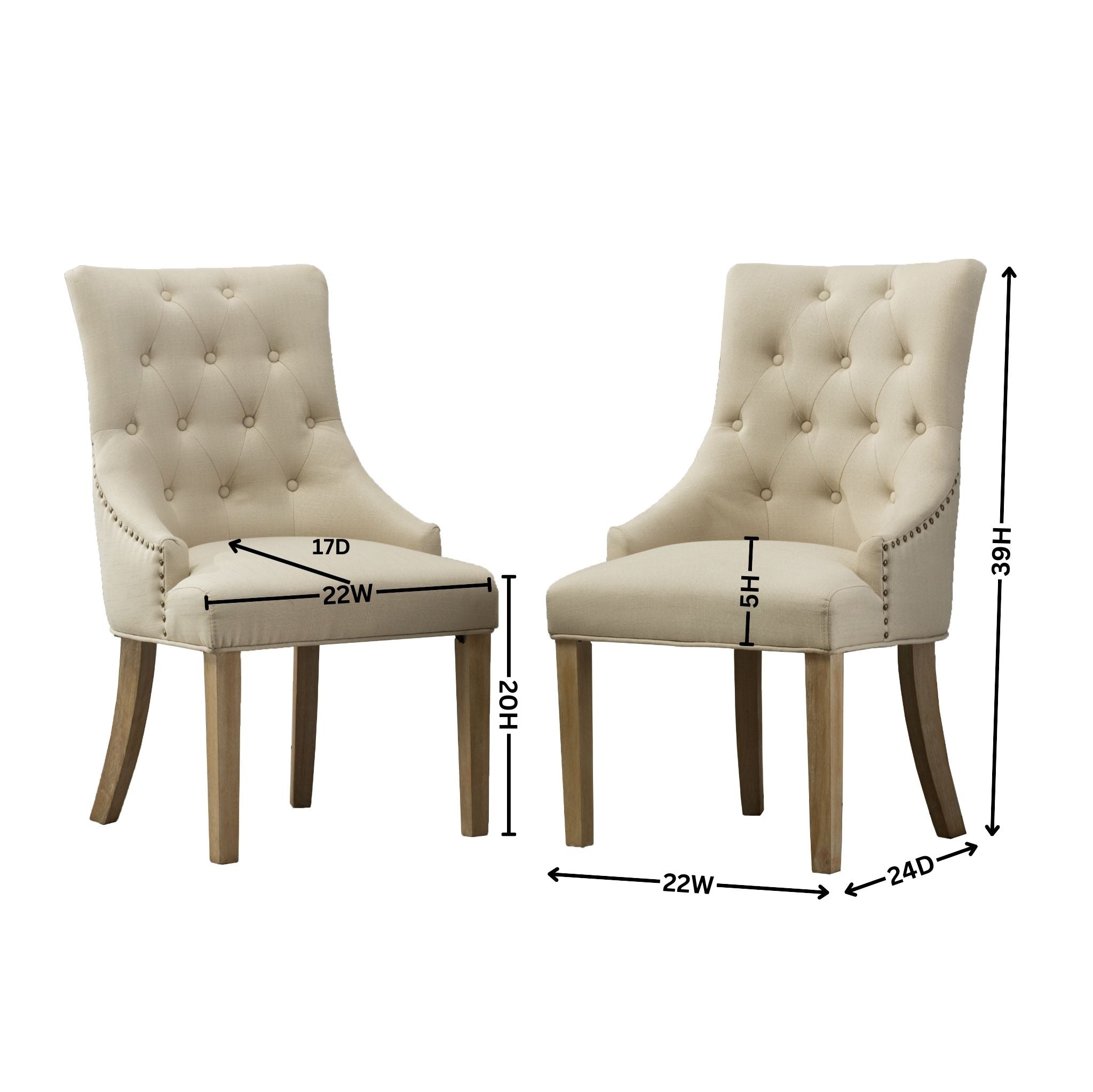 Tan Button Tufted Solid Wood Wingback Hostess Chairs, Set of 2