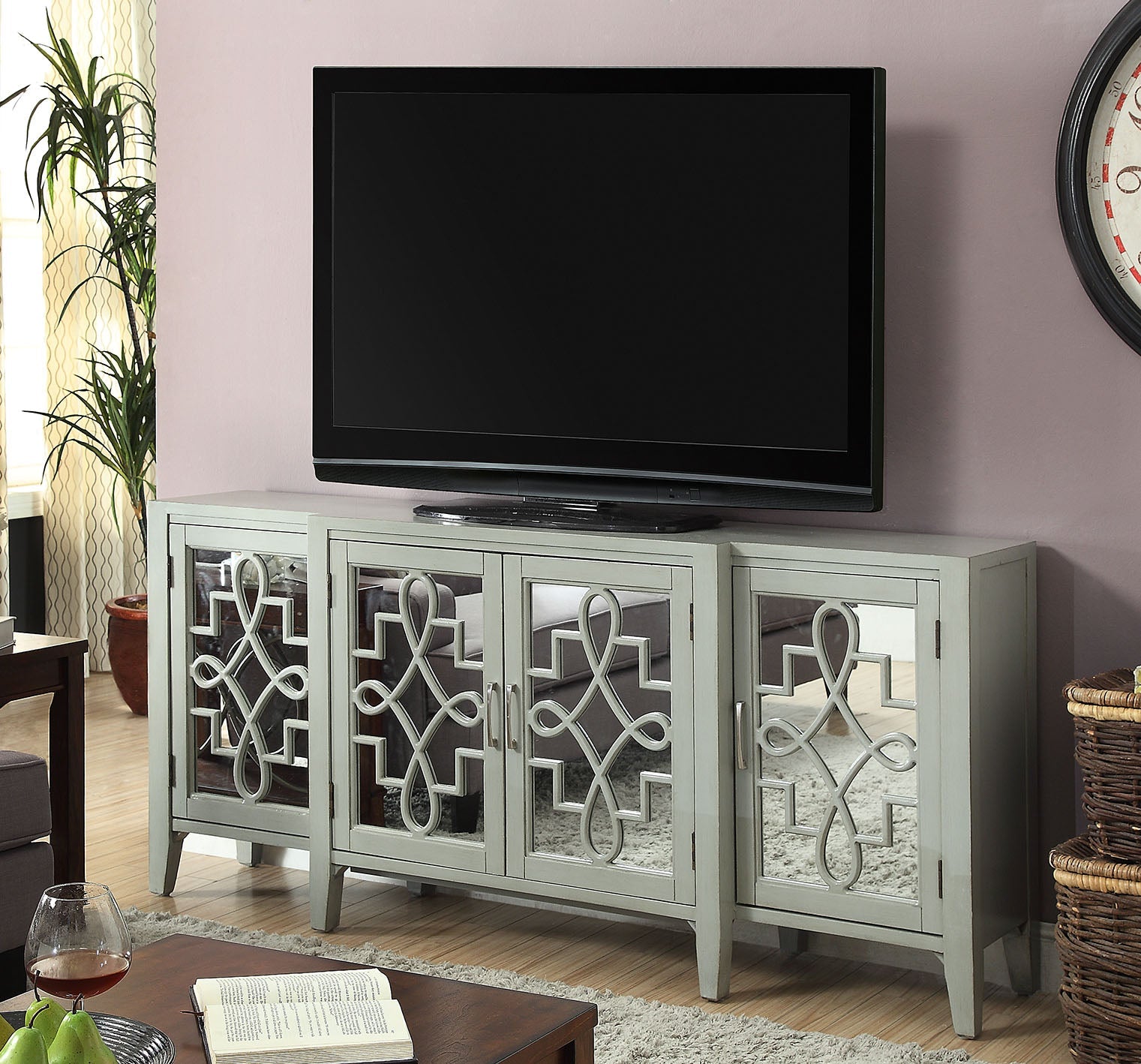 Kacia Mirrored Door Antique Finish Console Cabinet