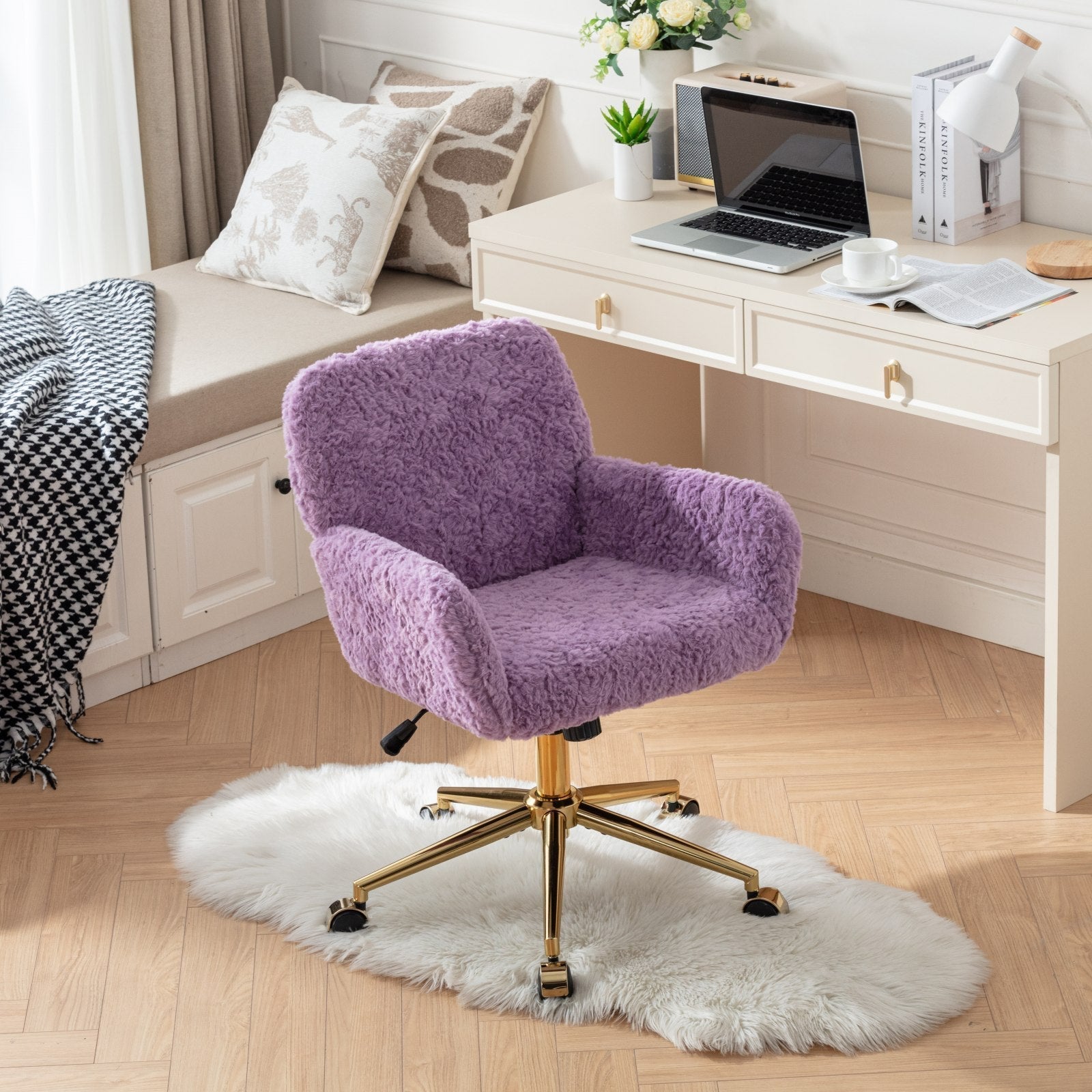 Faux Rabbit Hair Office Chair with Golden Metal Base, Adjustable Swivel