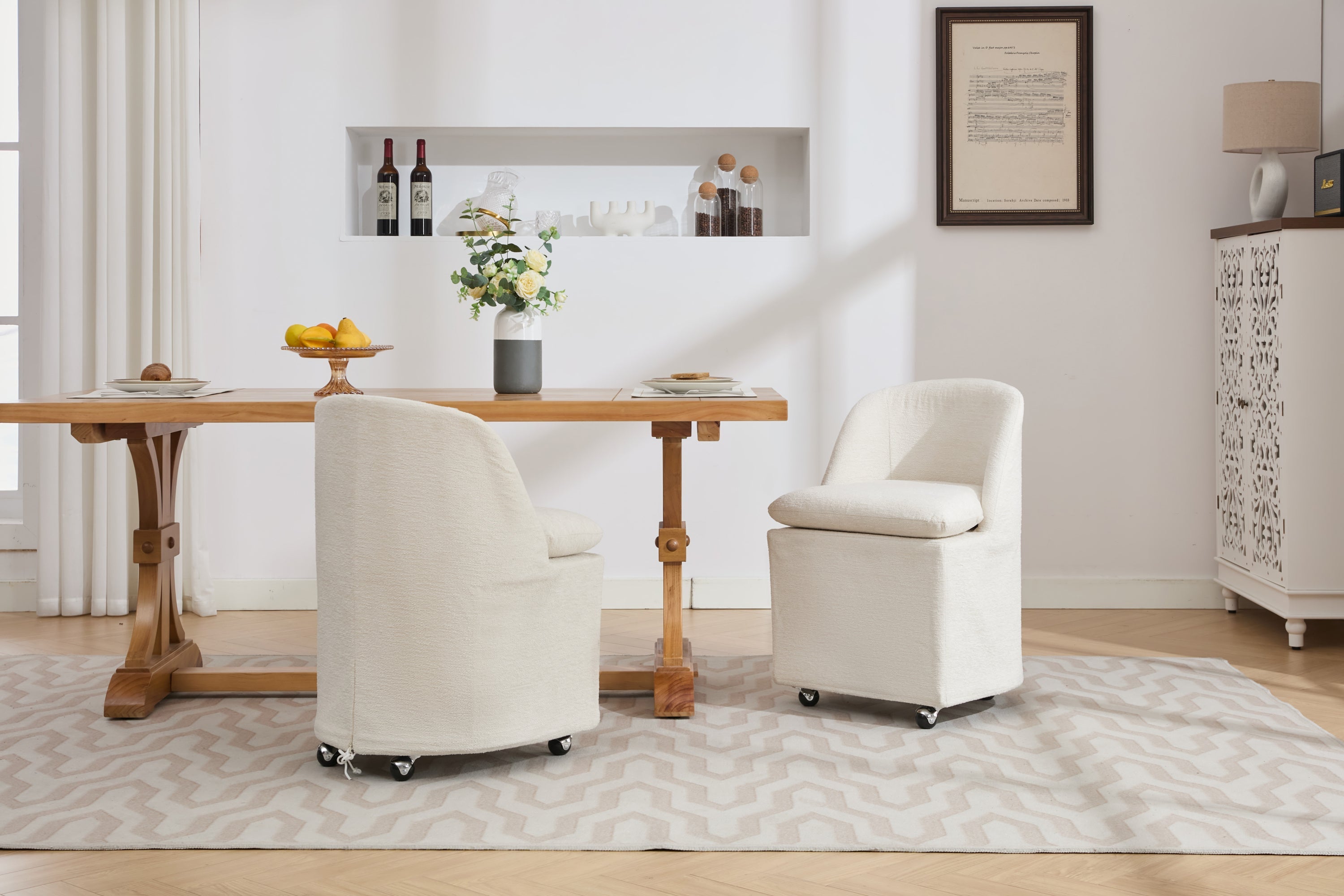 Greymont Chenille Upholstered Armless Dining Chairs With Wheels, Set of 2