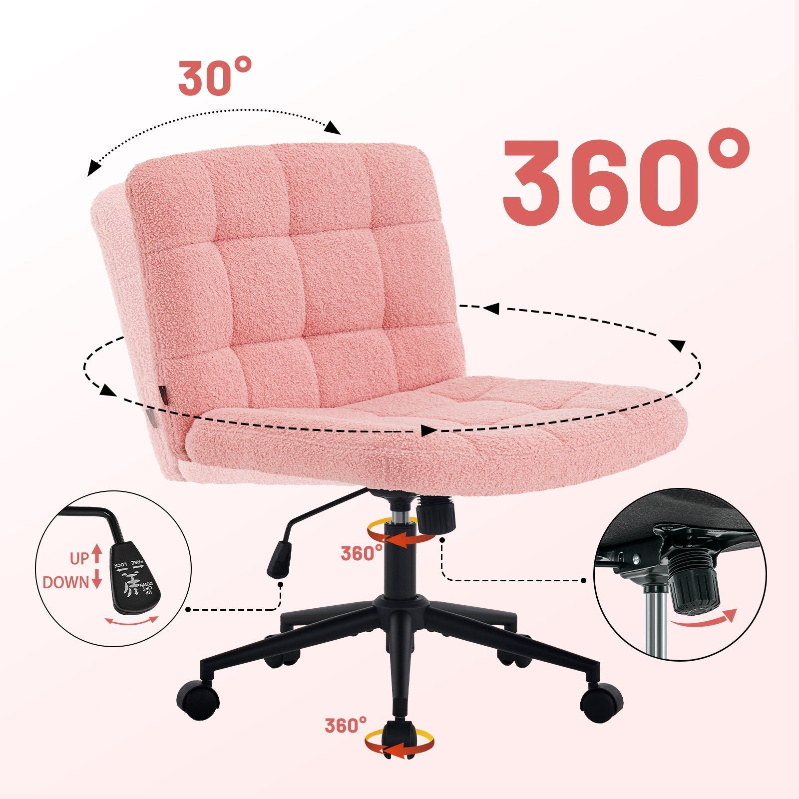 Desk Chair with Wheels, Armless Desk Chair, Adjustable Height 360° Rolling Swivel