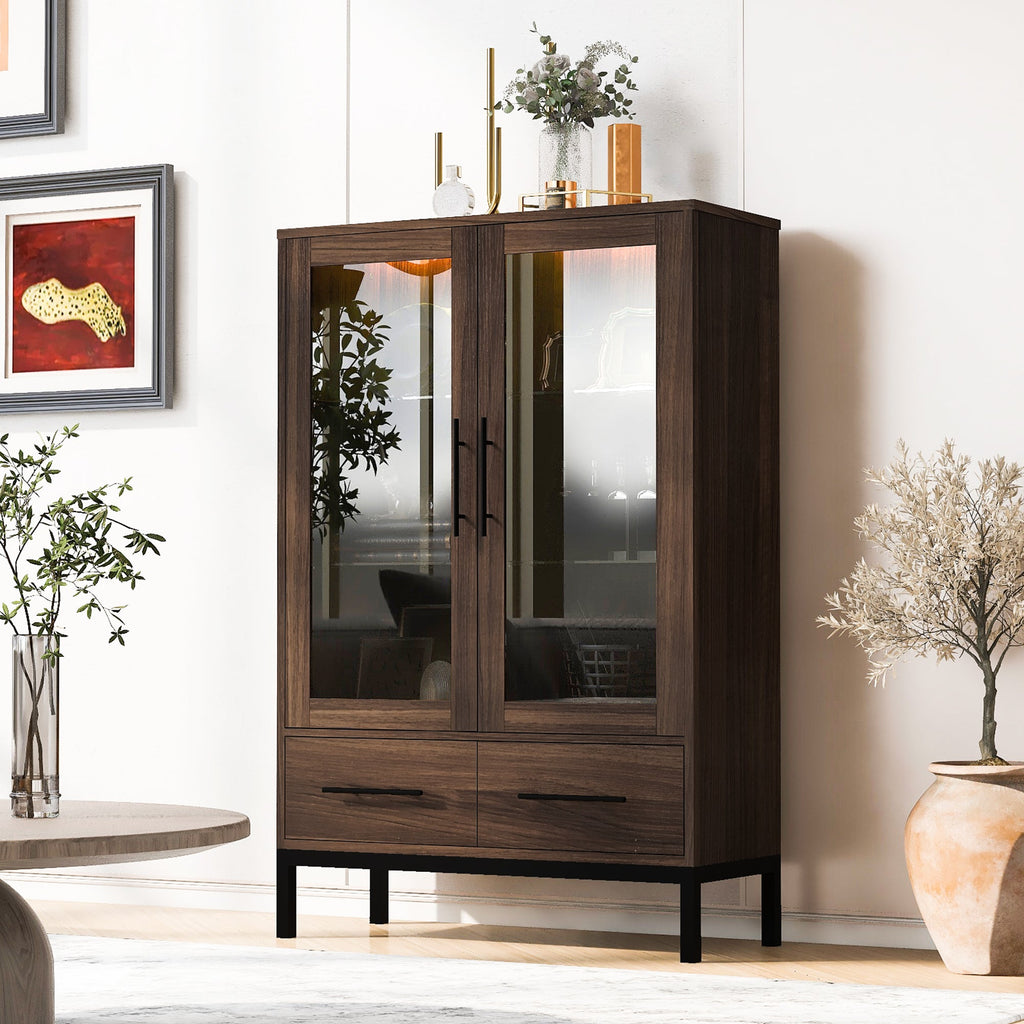Wide Farmhouse Storage Cabinet with 4-Tier Adjustable Glass Shelves