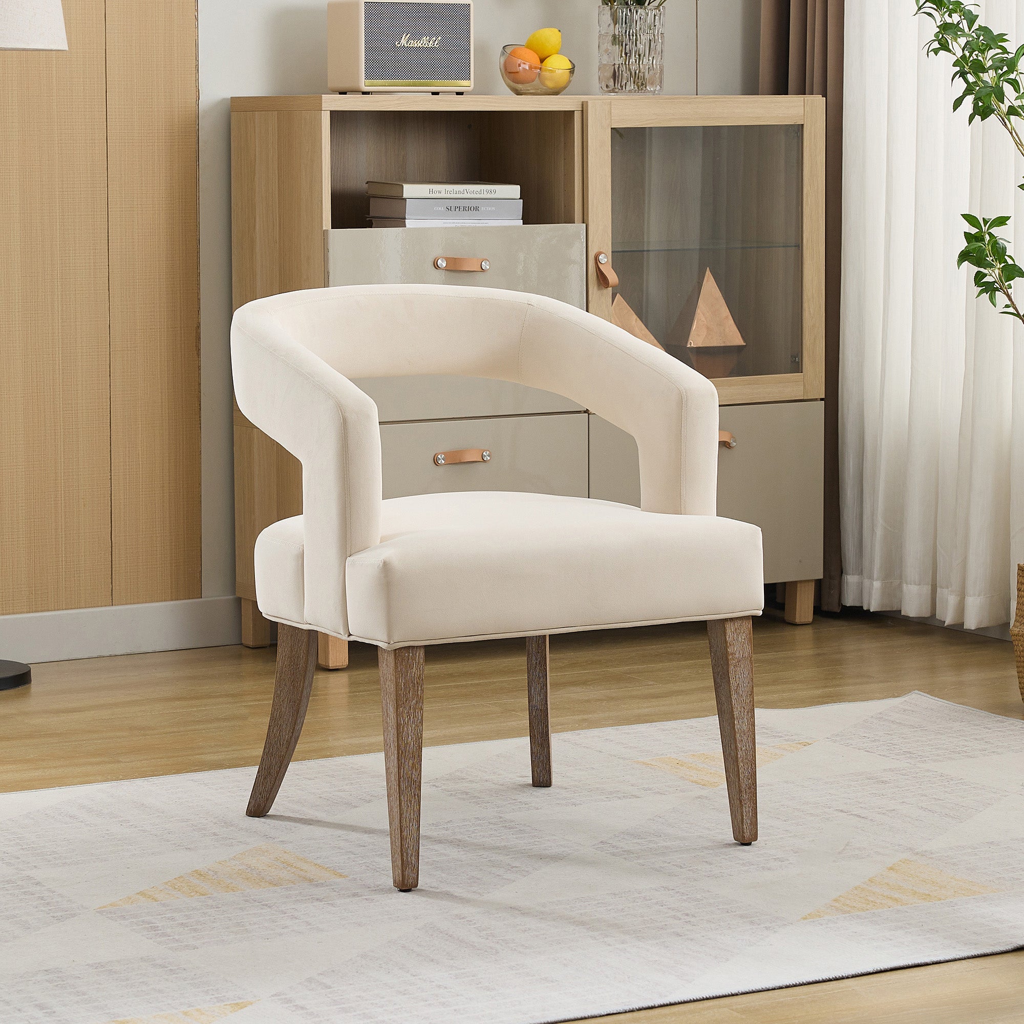 Velvet Open Back Barrel Upholstered Accent Chair with Weathered Solid Wood Legs