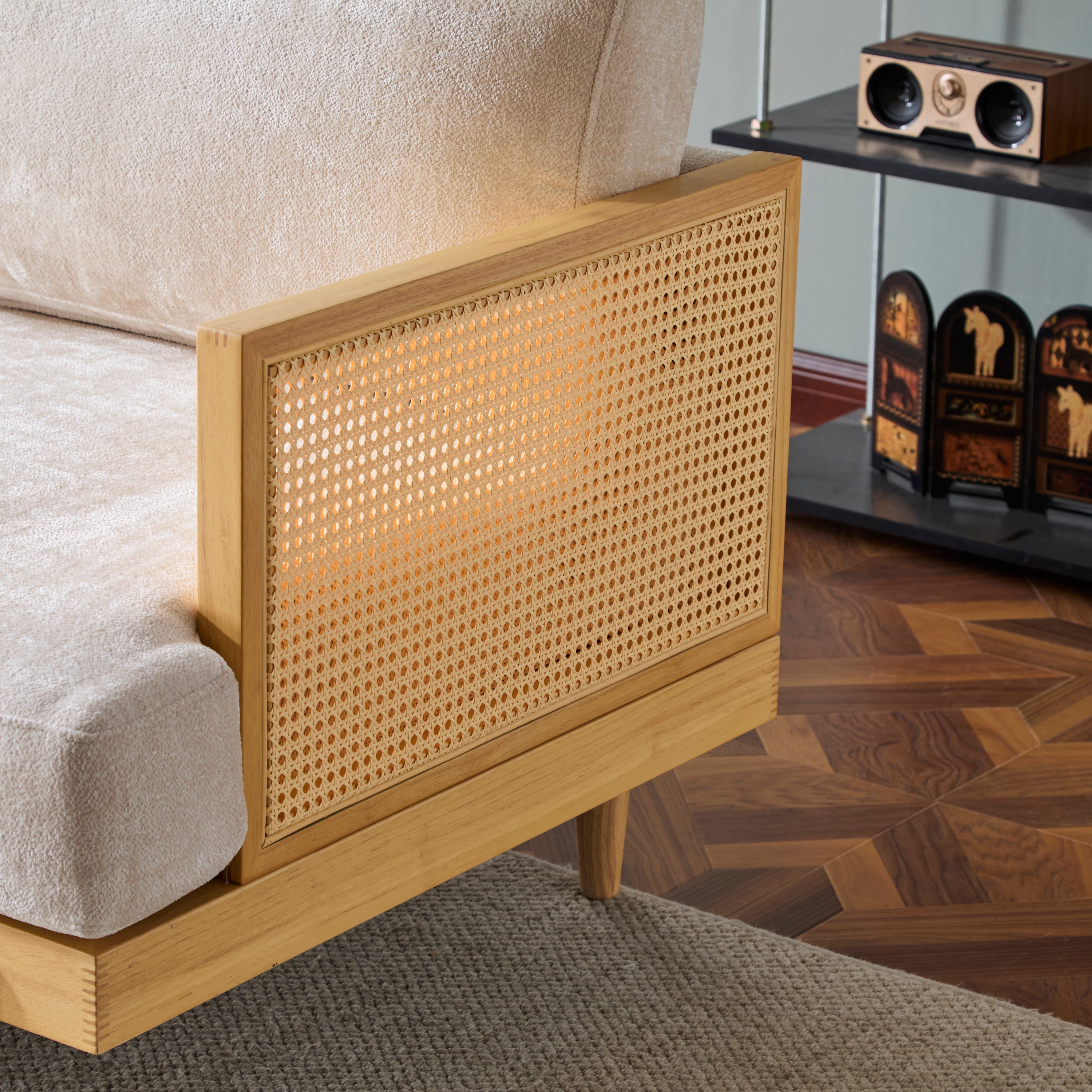 Square Arm 3-Seater Sofa with Cane Rattan and Wooden Frame