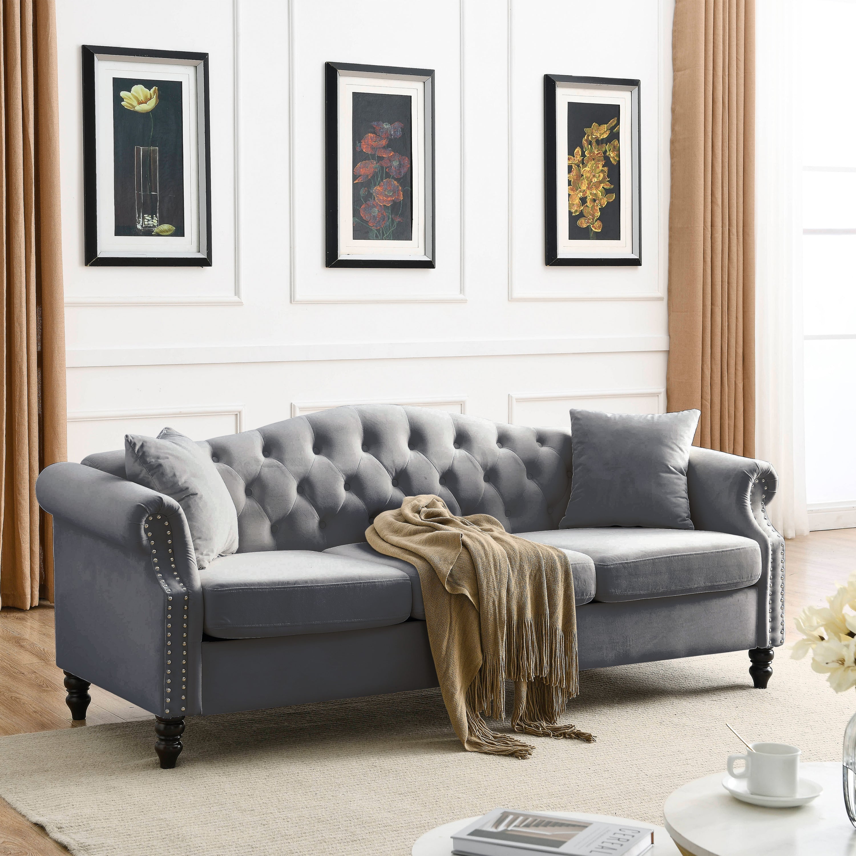Nailhead Velvet Pitched Back Chesterfield 3-Seater Sofa