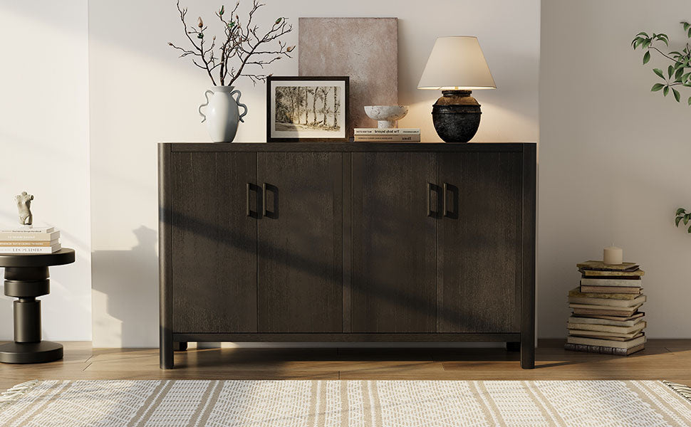 Farmhouse Style 4-Door Cabinet with Natural Distressed Finish